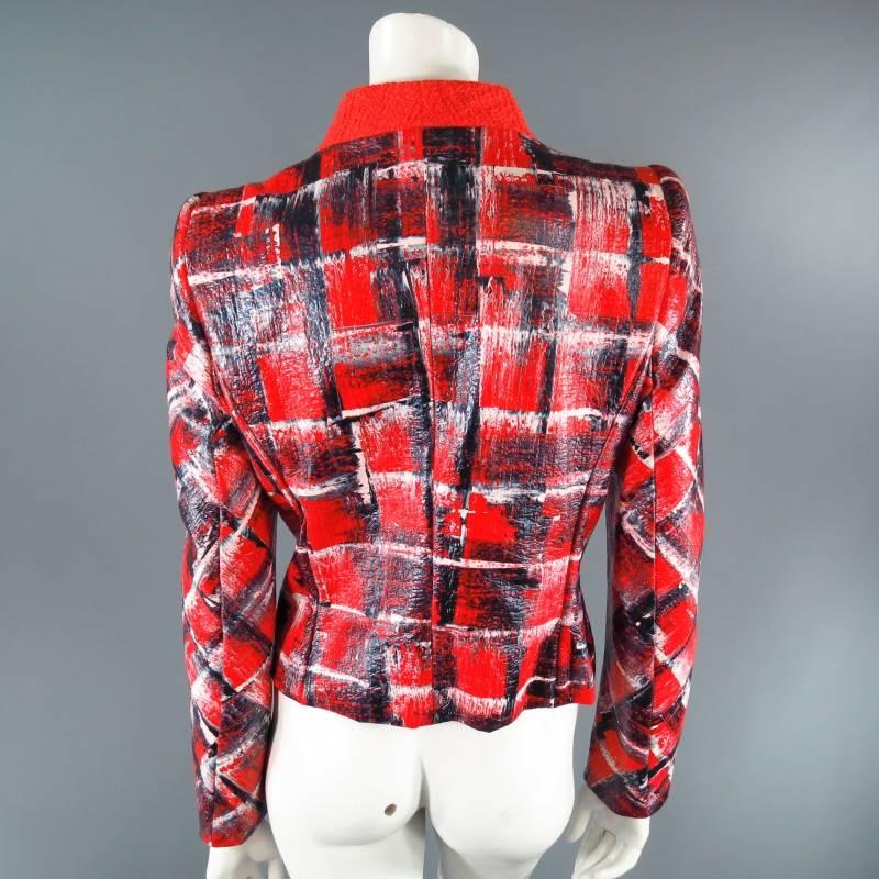 ESCADA Size 10 Red White & Navy Painted Tweed Jacket 6