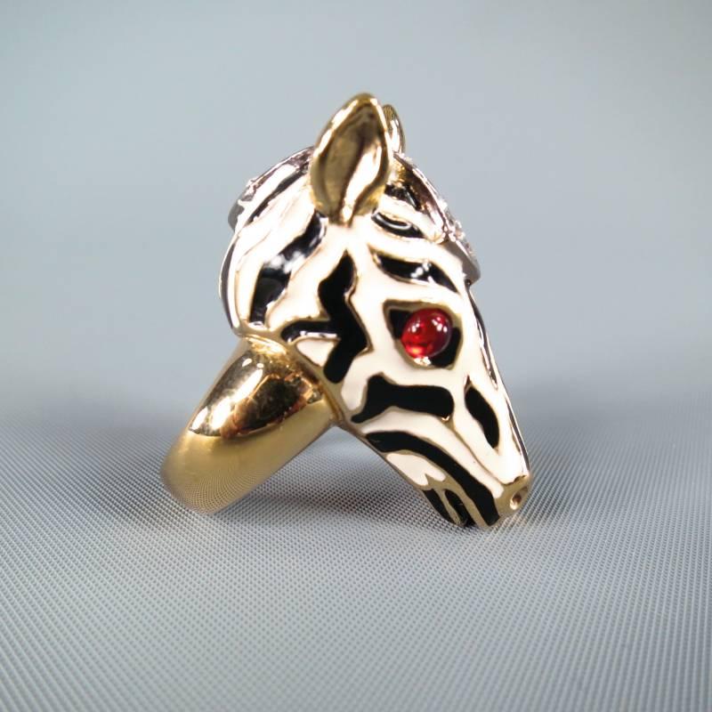 Women's ROBERTO CAVALLI White Enamel Red Crystal Eye Zebra Head Ring