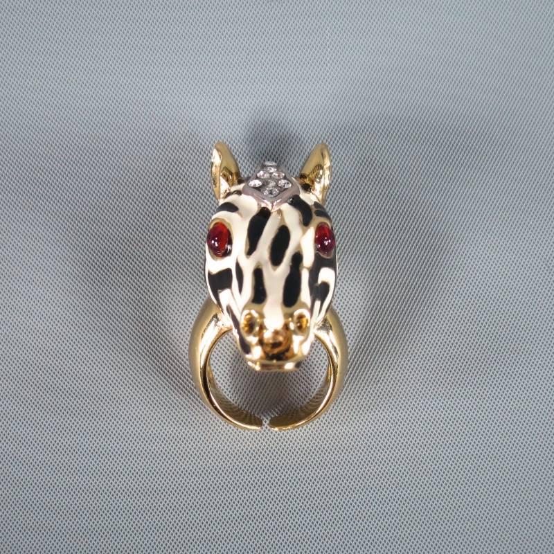 ROBERTO CAVALLI White Enamel Red Crystal Eye Zebra Head Ring 7