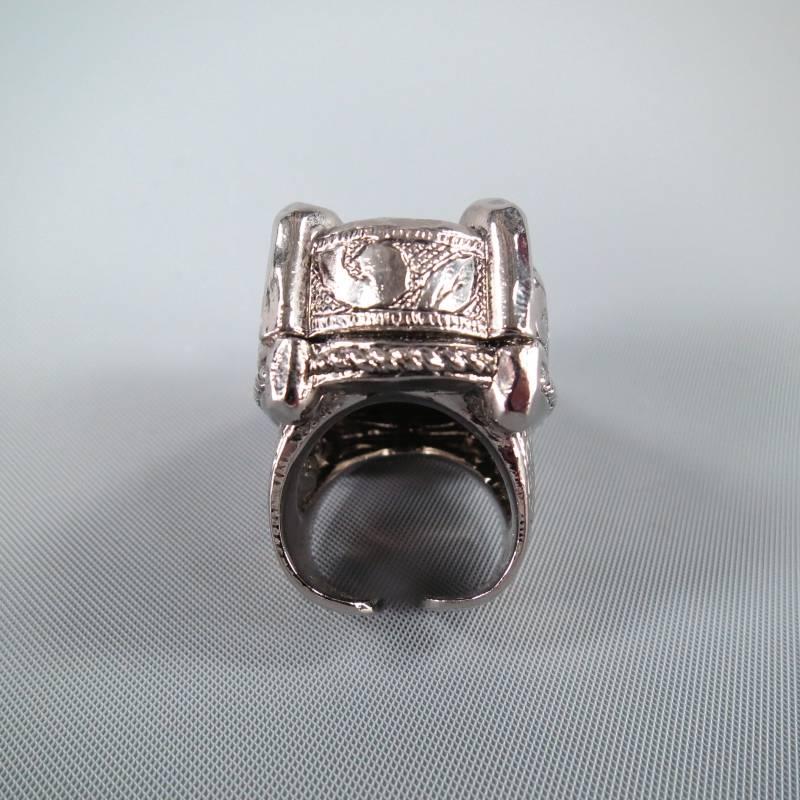 ROBERTO CAVALLI Brown Stone Silver Engraved Cocktail Ring 1