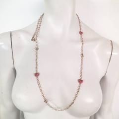DIOR Silver Chain Pink & Red Crystal Heart Charm Necklace