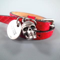 ALEXANDER MCQUEEN Red Snake Leather Silver Crystal Eye Skull Tag Wrap Bracelet