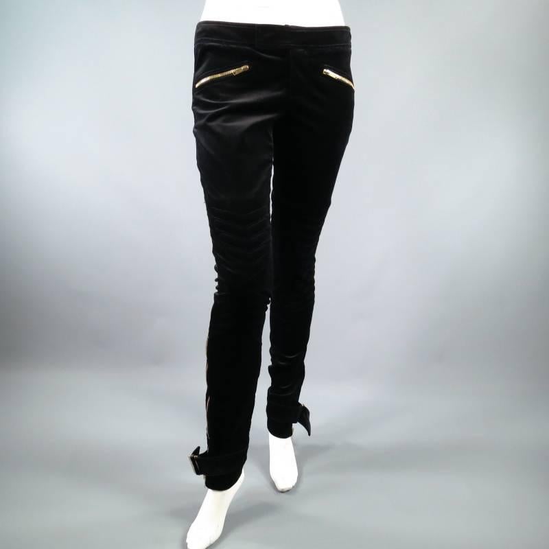 GUCCI Size 4 Black Velvet Biker Detail Gold Zip Ankle Belt Moto Pants 5