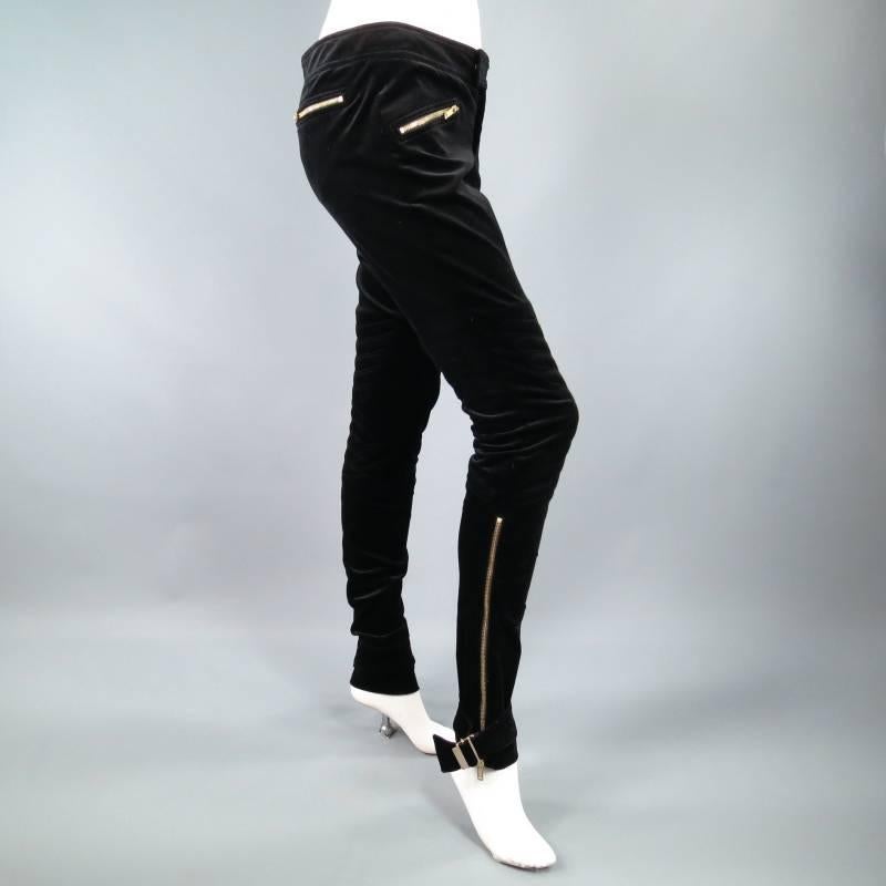 GUCCI Size 4 Black Velvet Biker Detail Gold Zip Ankle Belt Moto Pants 2