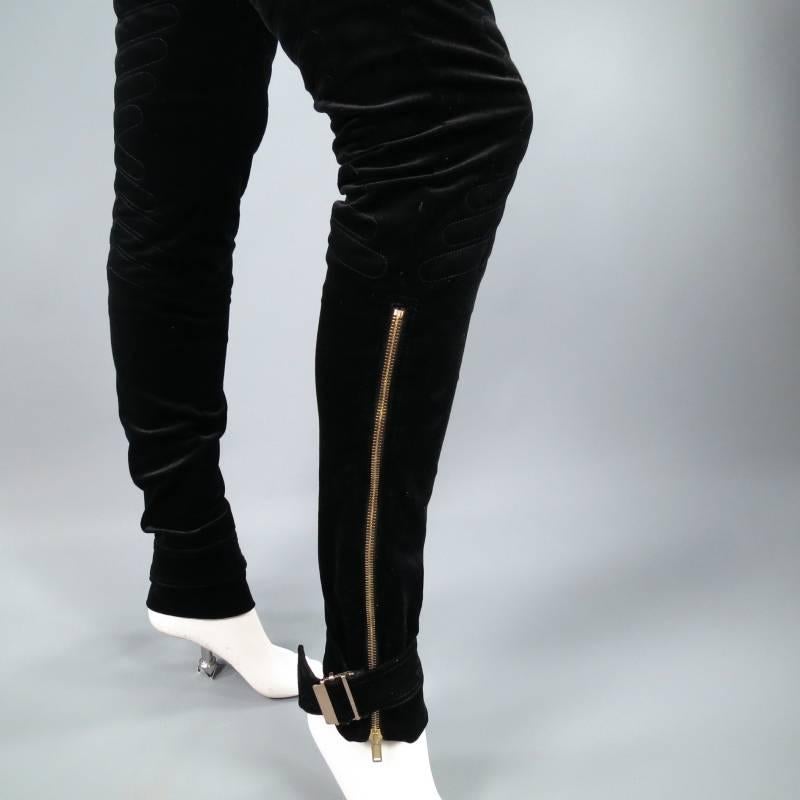 GUCCI Size 4 Black Velvet Biker Detail Gold Zip Ankle Belt Moto Pants 3