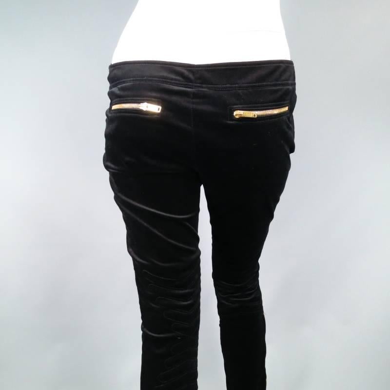 GUCCI Size 4 Black Velvet Biker Detail Gold Zip Ankle Belt Moto Pants In Excellent Condition In San Francisco, CA