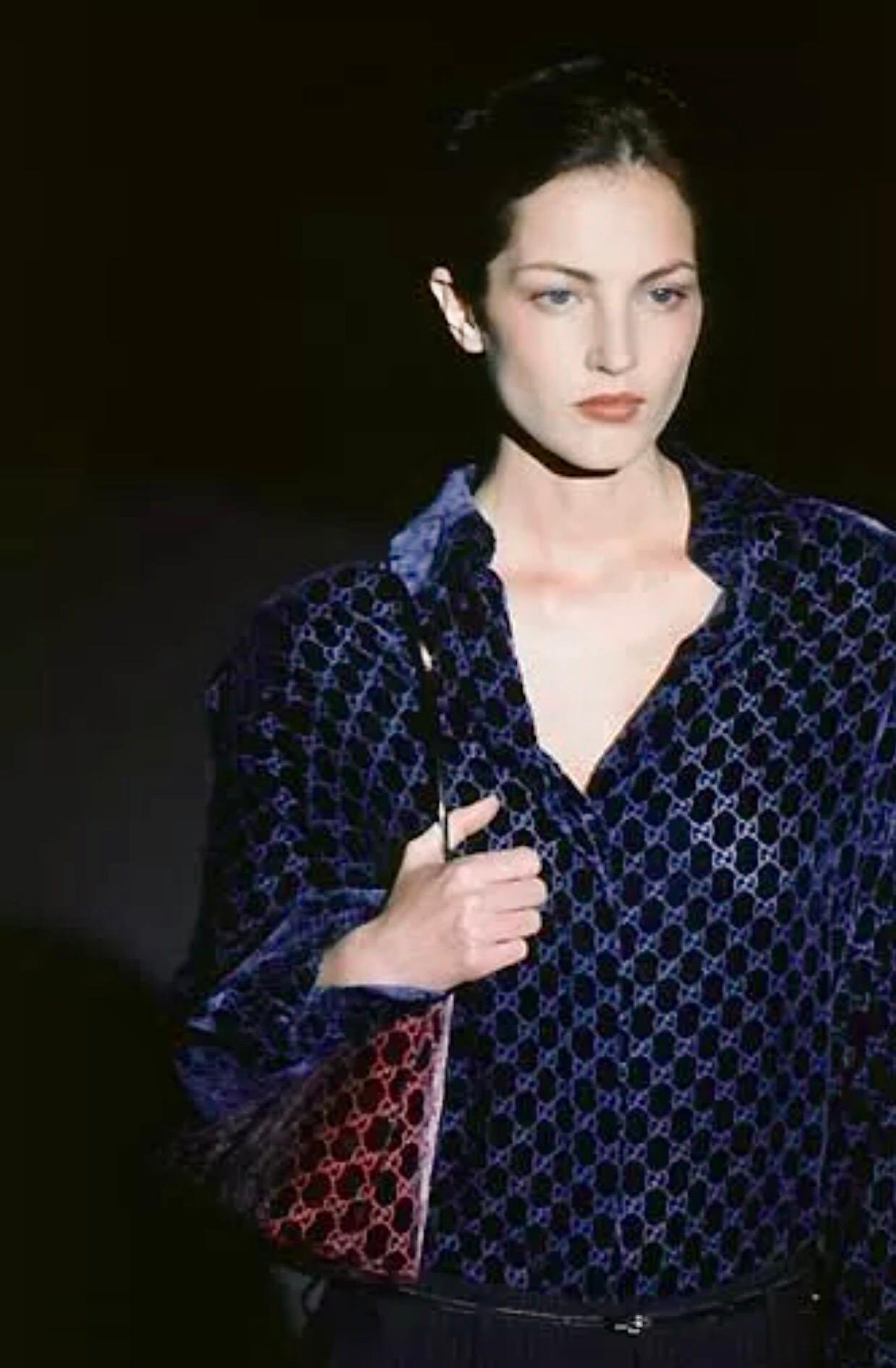 Gucci by Tom Ford F/W 1997 Runway Logo Monogram Velvet Sheer Blouse Shirt Top 1