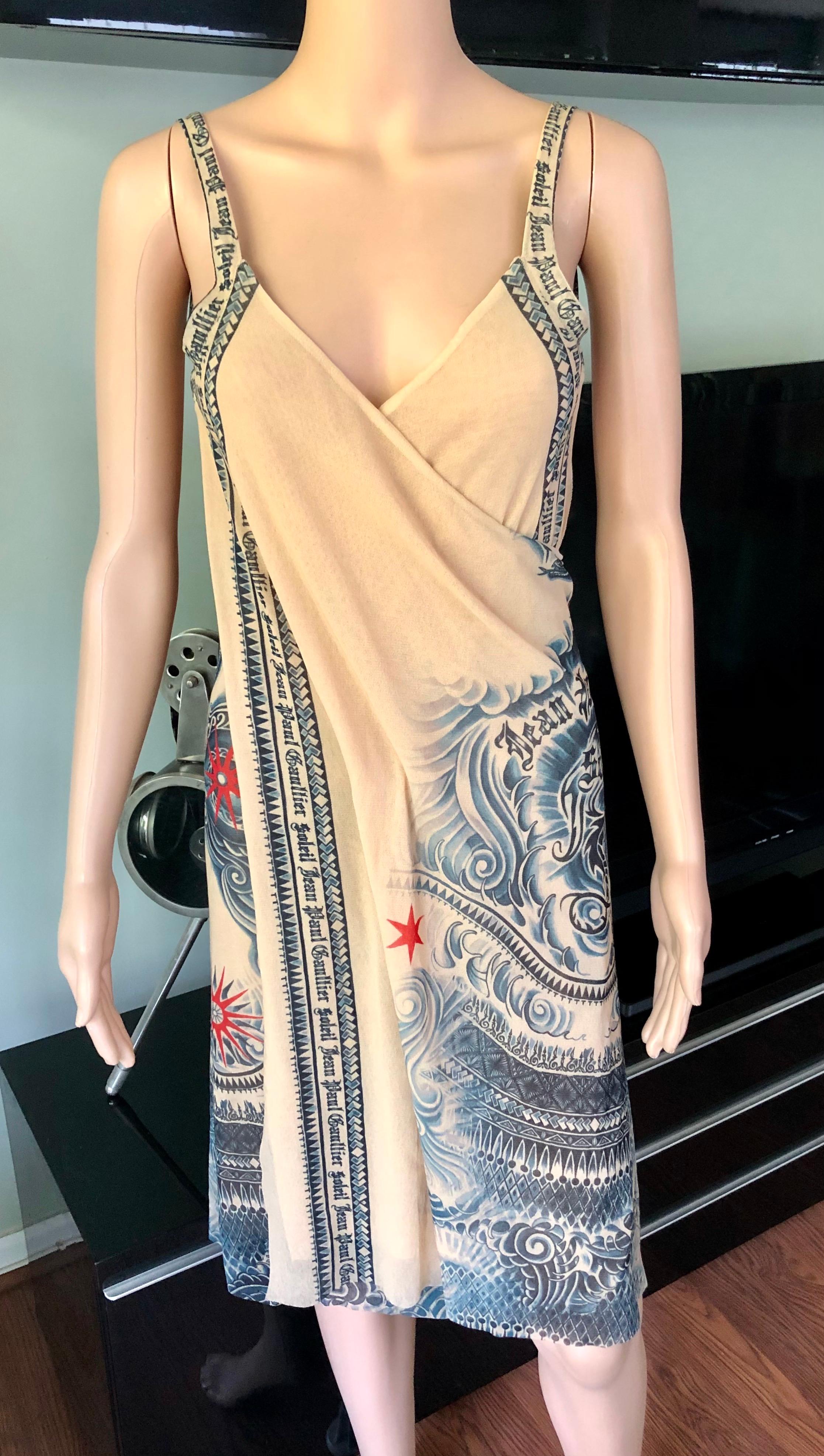 Women's or Men's Jean Paul Gaultier Soleil Tattoo Print Semi-Sheer Mesh Wrap Dress For Sale