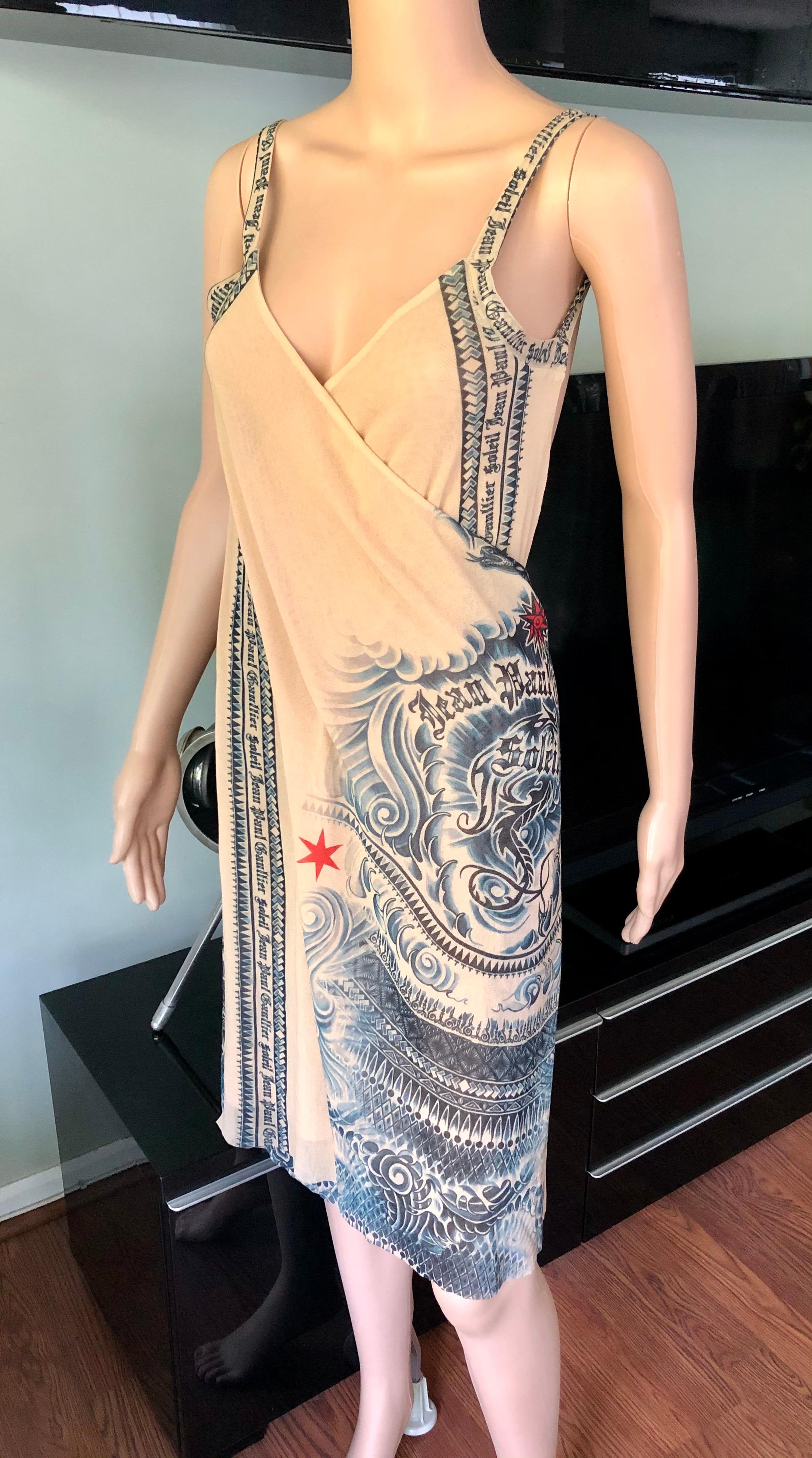 Beige Jean Paul Gaultier Soleil Tattoo Print Semi-Sheer Mesh Wrap Dress For Sale