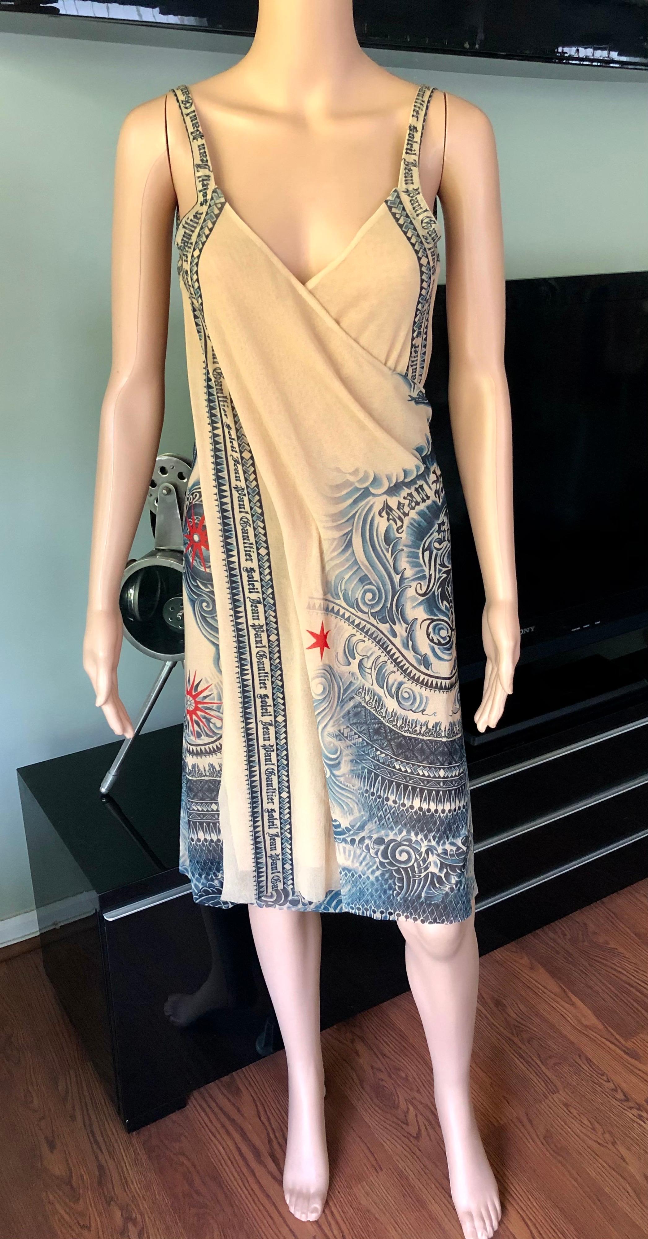 Jean Paul Gaultier Soleil Tattoo Print Semi-Sheer Mesh Wrap Dress In Excellent Condition For Sale In Naples, FL