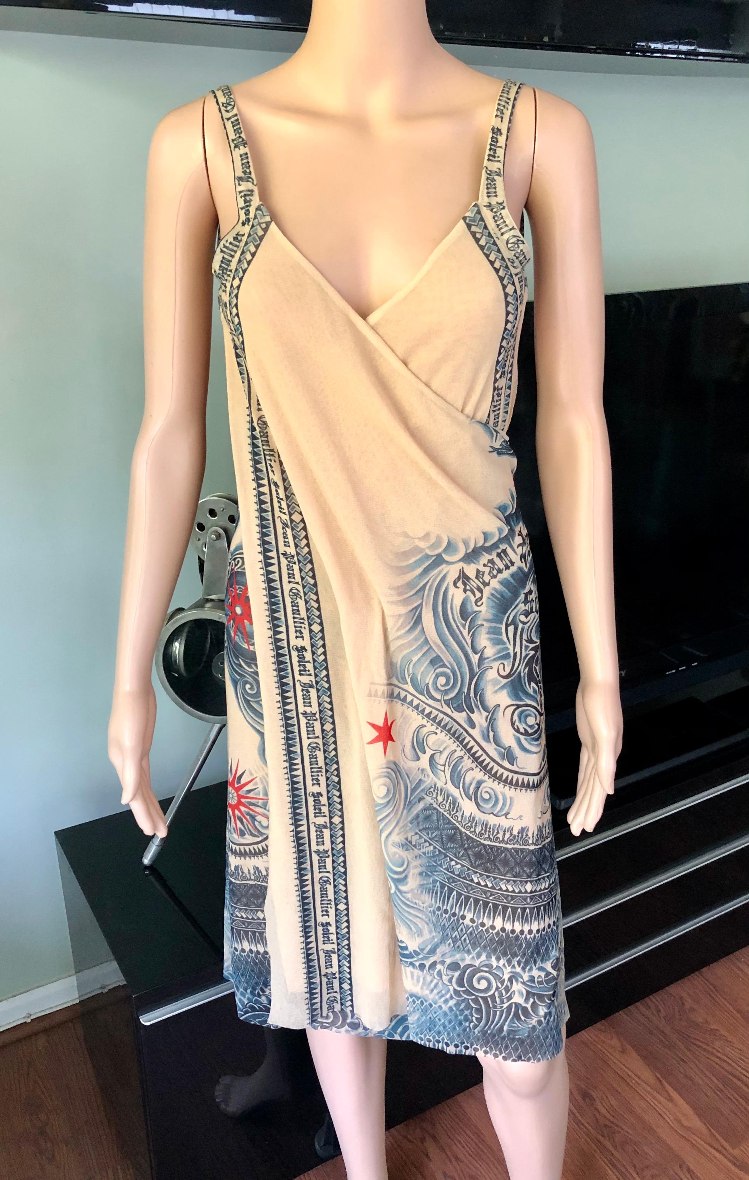 Jean Paul Gaultier Soleil Tattoo Print Semi-Sheer Mesh Wrap Dress Size S