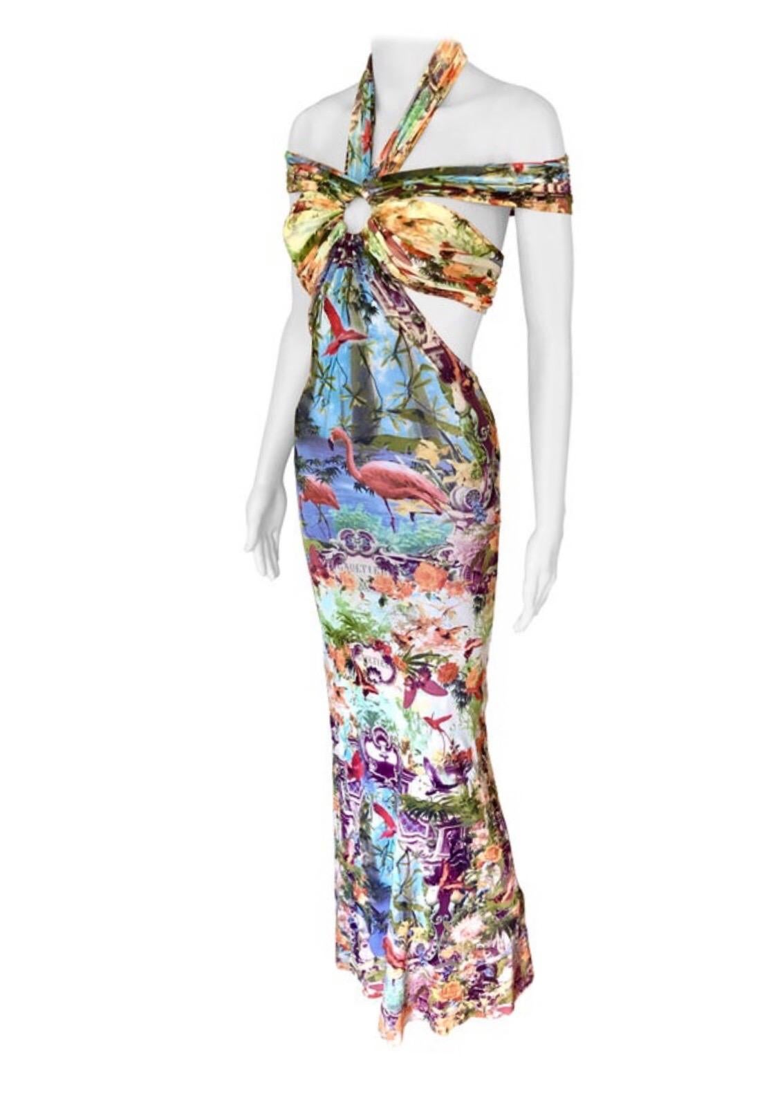 Jean Paul Gaultier Soleil S/S 1999 Flamingo Tropical Print Cutout Mesh Bodycon Maxi Dress Size S