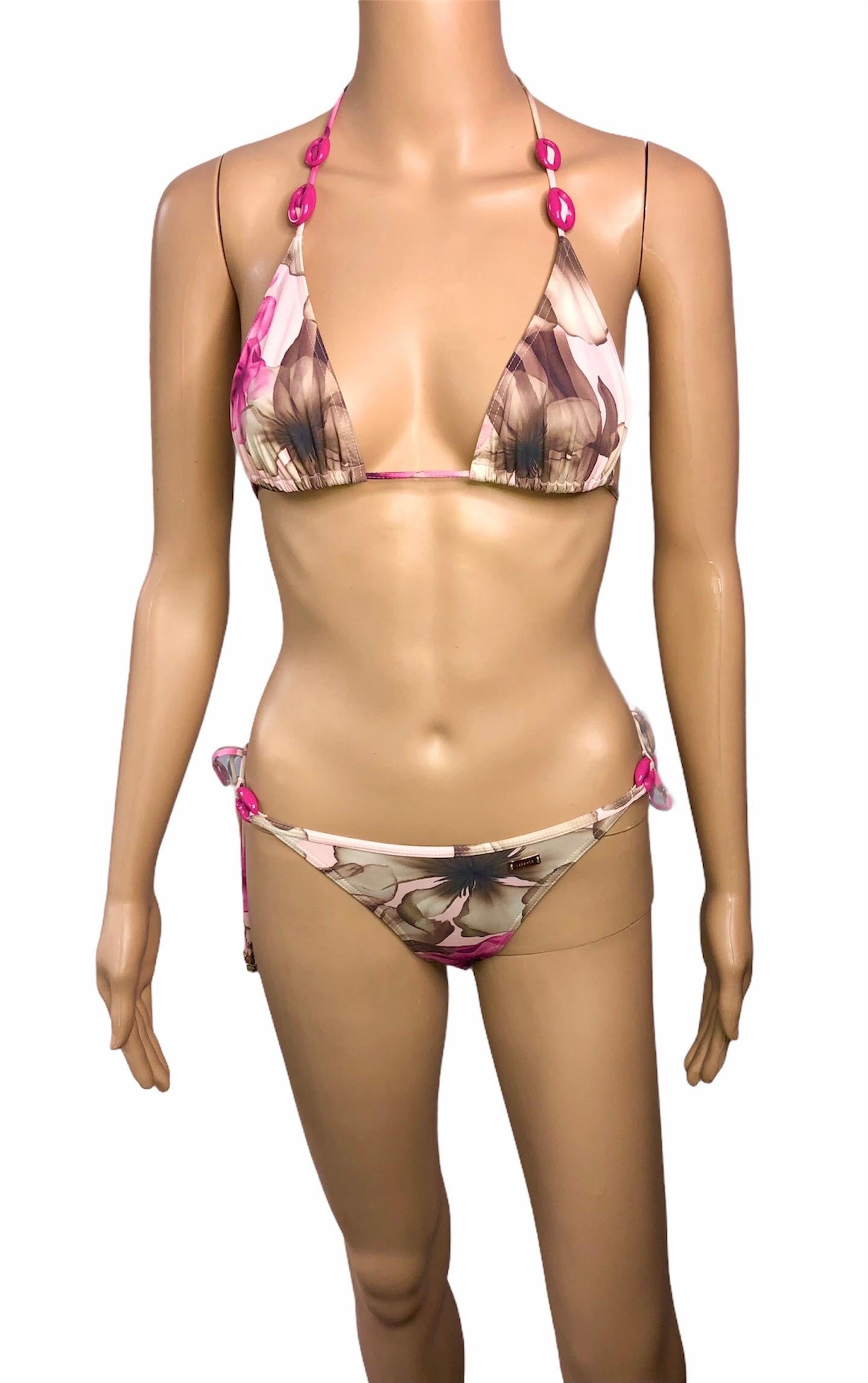 Beige Versace c.2003 Embellished Floral Print Two-Piece Bikini Set Swimsuit Swimwear For Sale