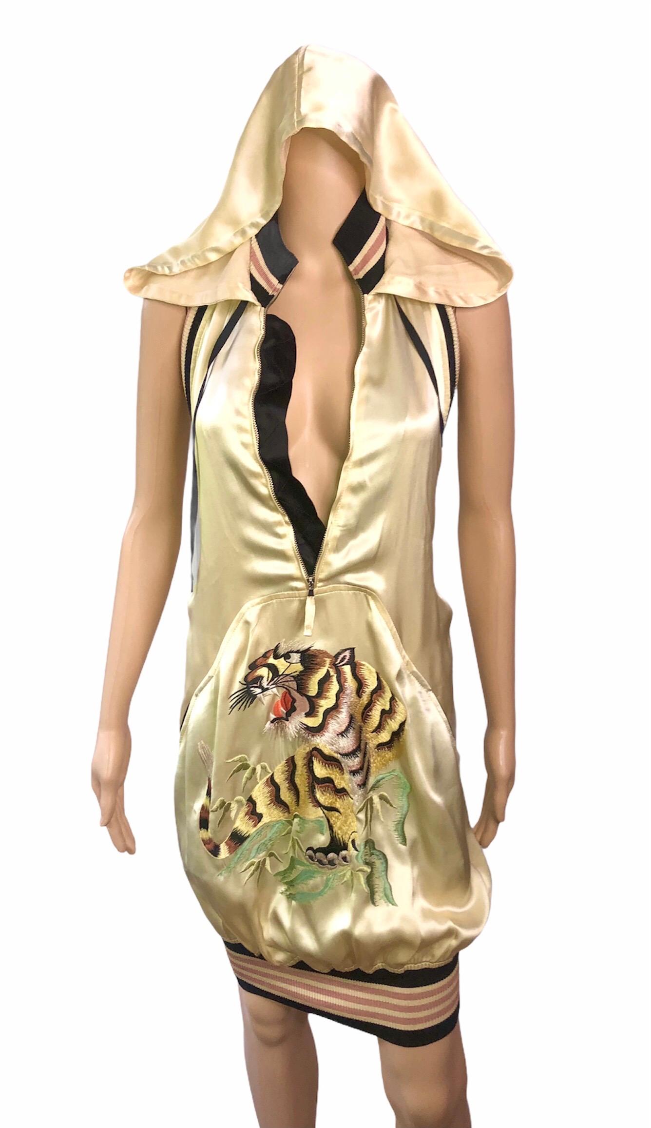 Jean Paul Gaultier S/S 2007 Runway Embroidered Logo Open Back Hooded Mini Dress In Good Condition In Naples, FL