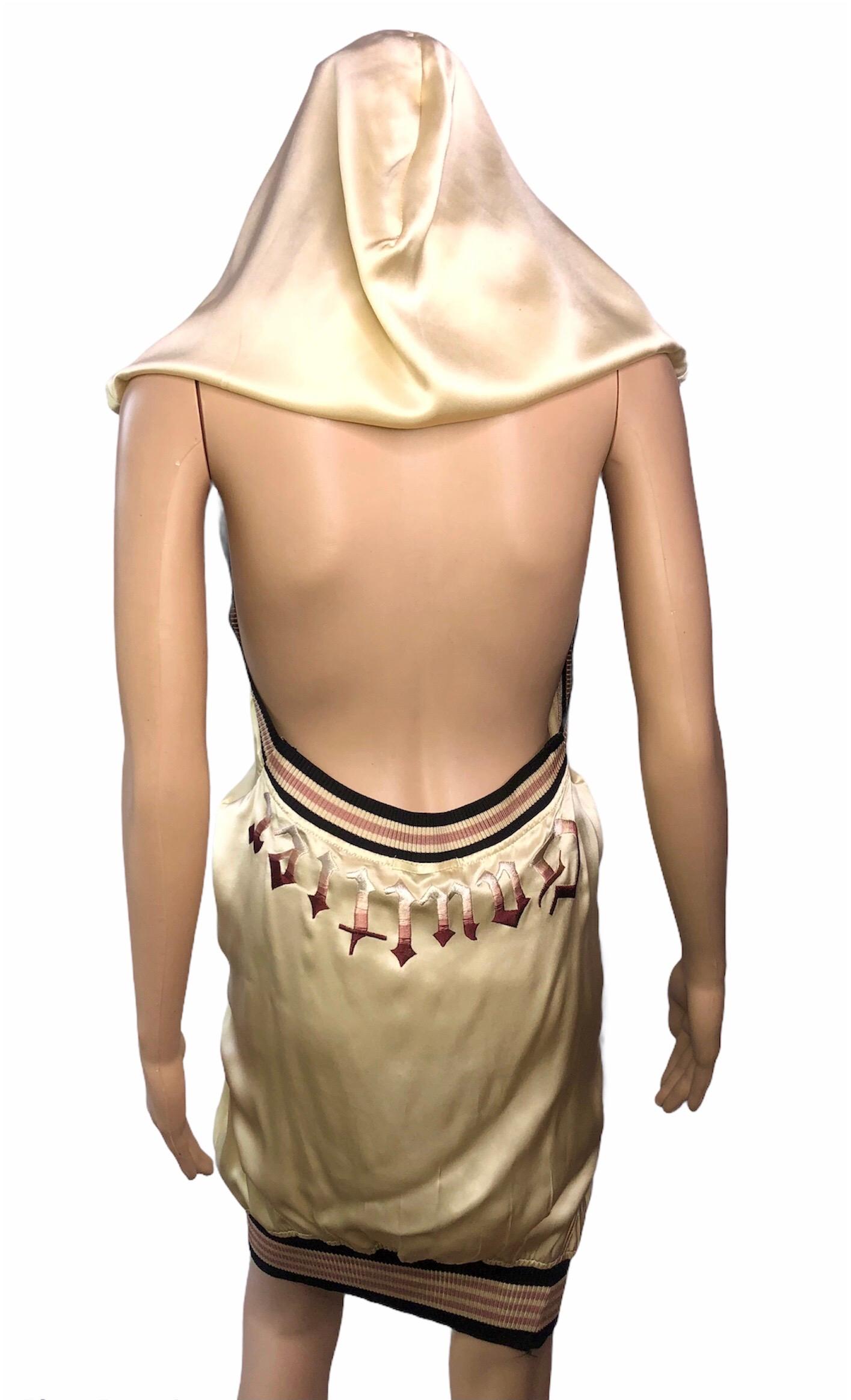 Women's Jean Paul Gaultier S/S 2007 Runway Embroidered Logo Open Back Hooded Mini Dress
