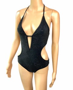 Gucci Crystal Embellished Cutout Black One Piece Bodysuit Swimsuit Swimwear