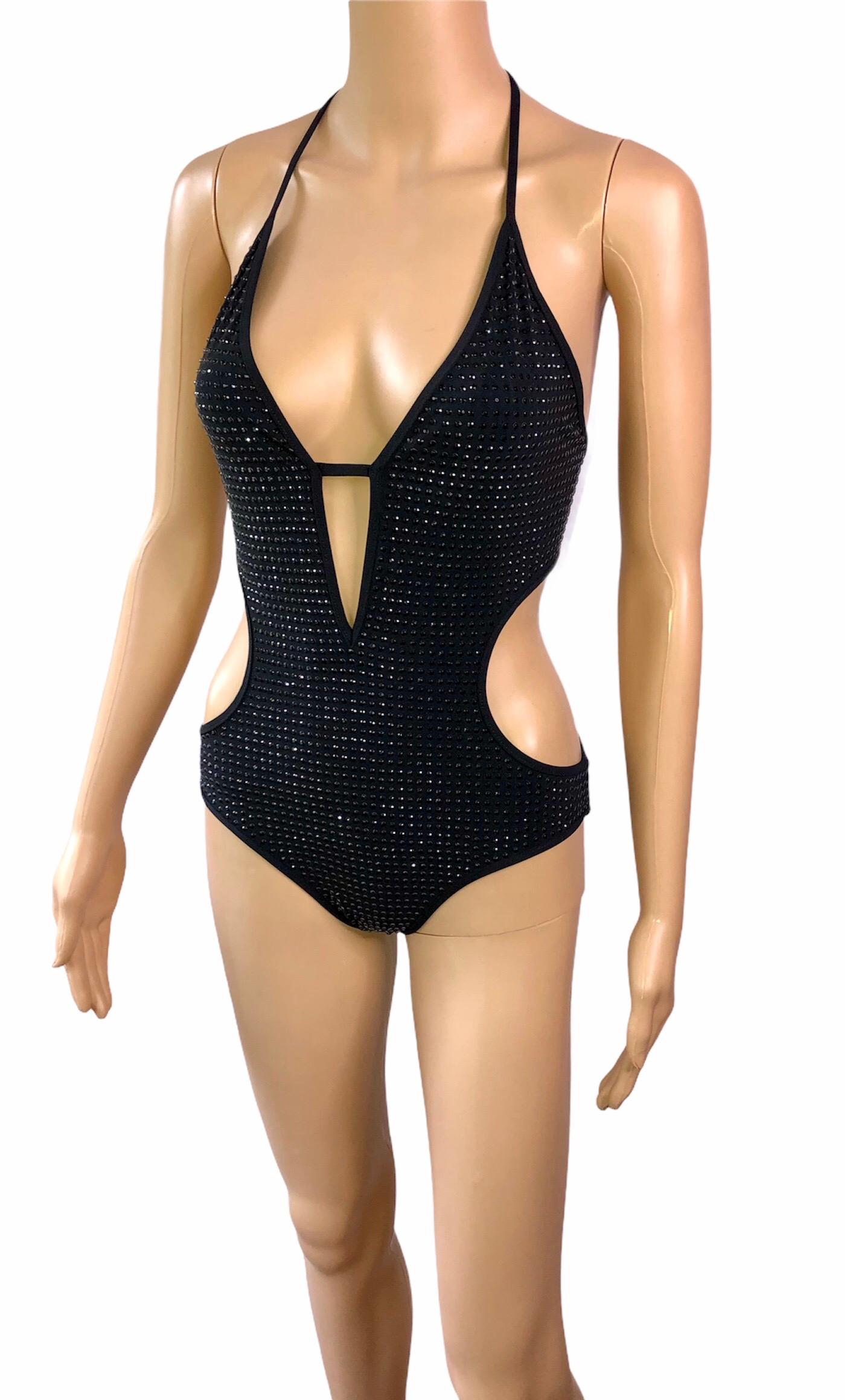 Gucci Crystal Embellished Cutout Black One Piece Bodysuit Swimsuit Swimwear In Excellent Condition For Sale In Naples, FL