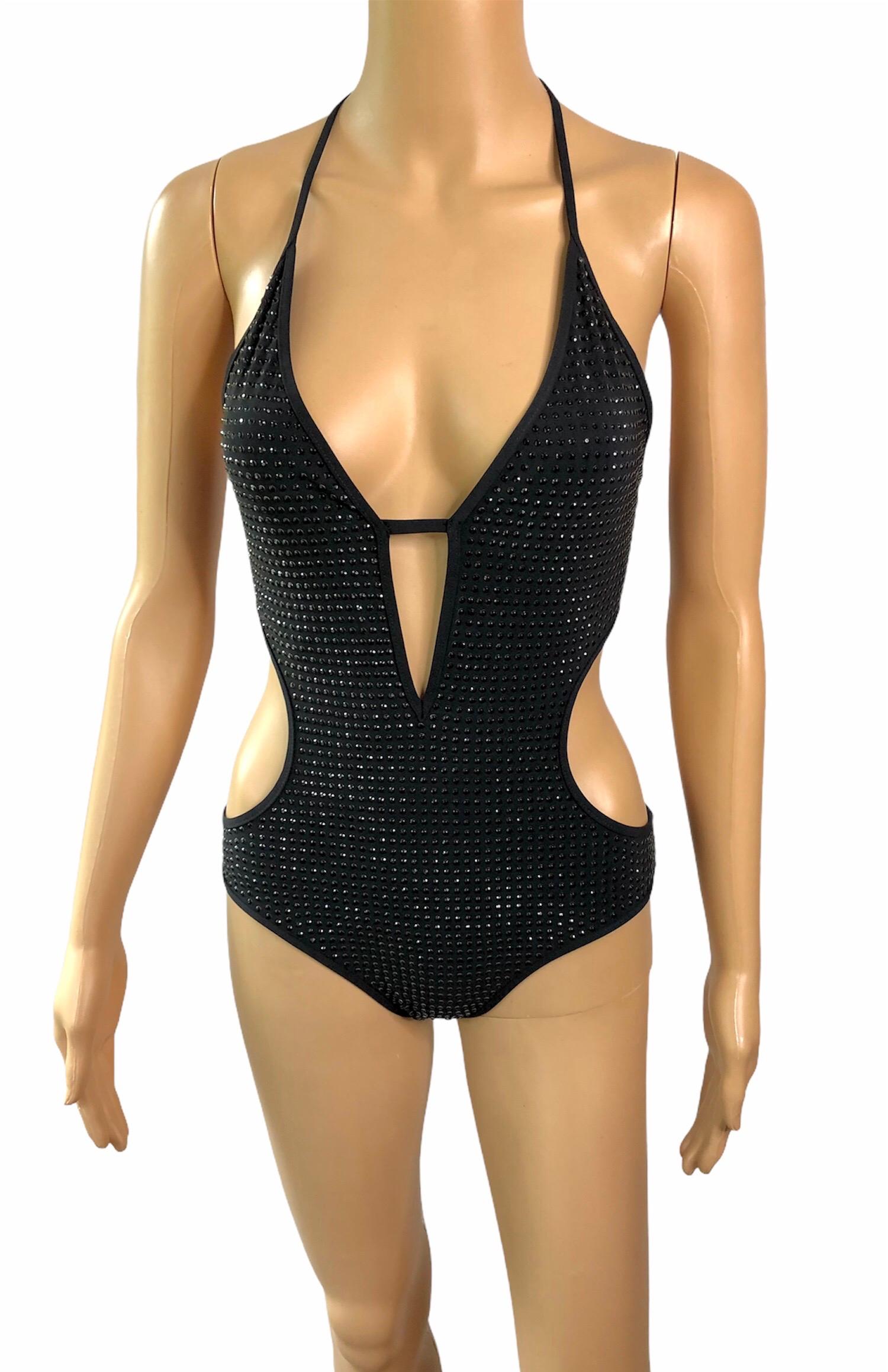 Women's or Men's Gucci Crystal Embellished Cutout Black One Piece Bodysuit Swimsuit Swimwear For Sale