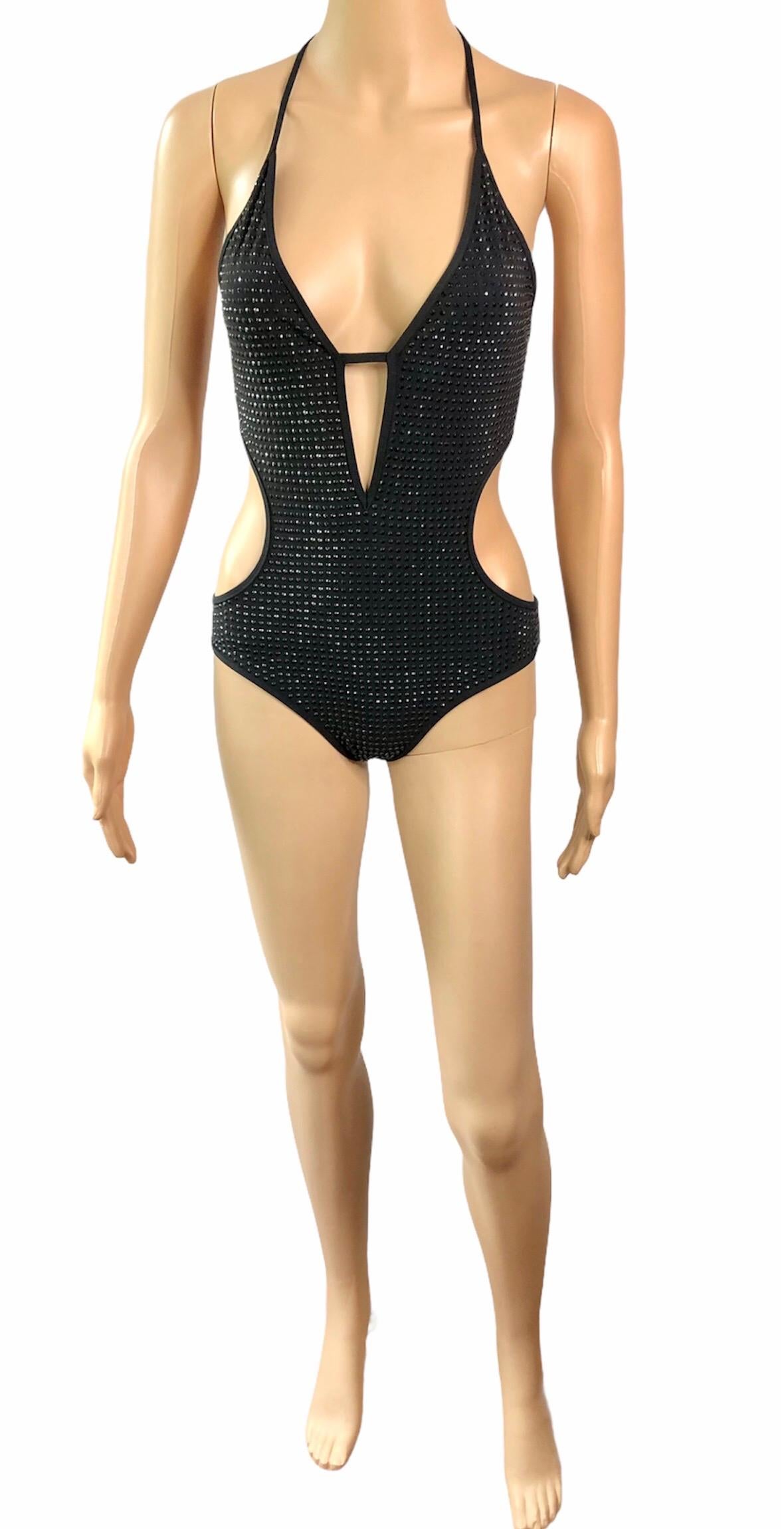 Gucci Crystal Embellished Cutout Black One Piece Bodysuit Swimsuit Swimwear For Sale 3