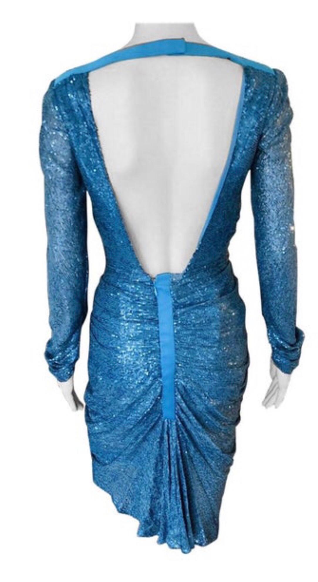 Gianni Versace S/S 2001 Runway Blue Sequin Embellished Cutout Back Dress Gown In Excellent Condition In Naples, FL