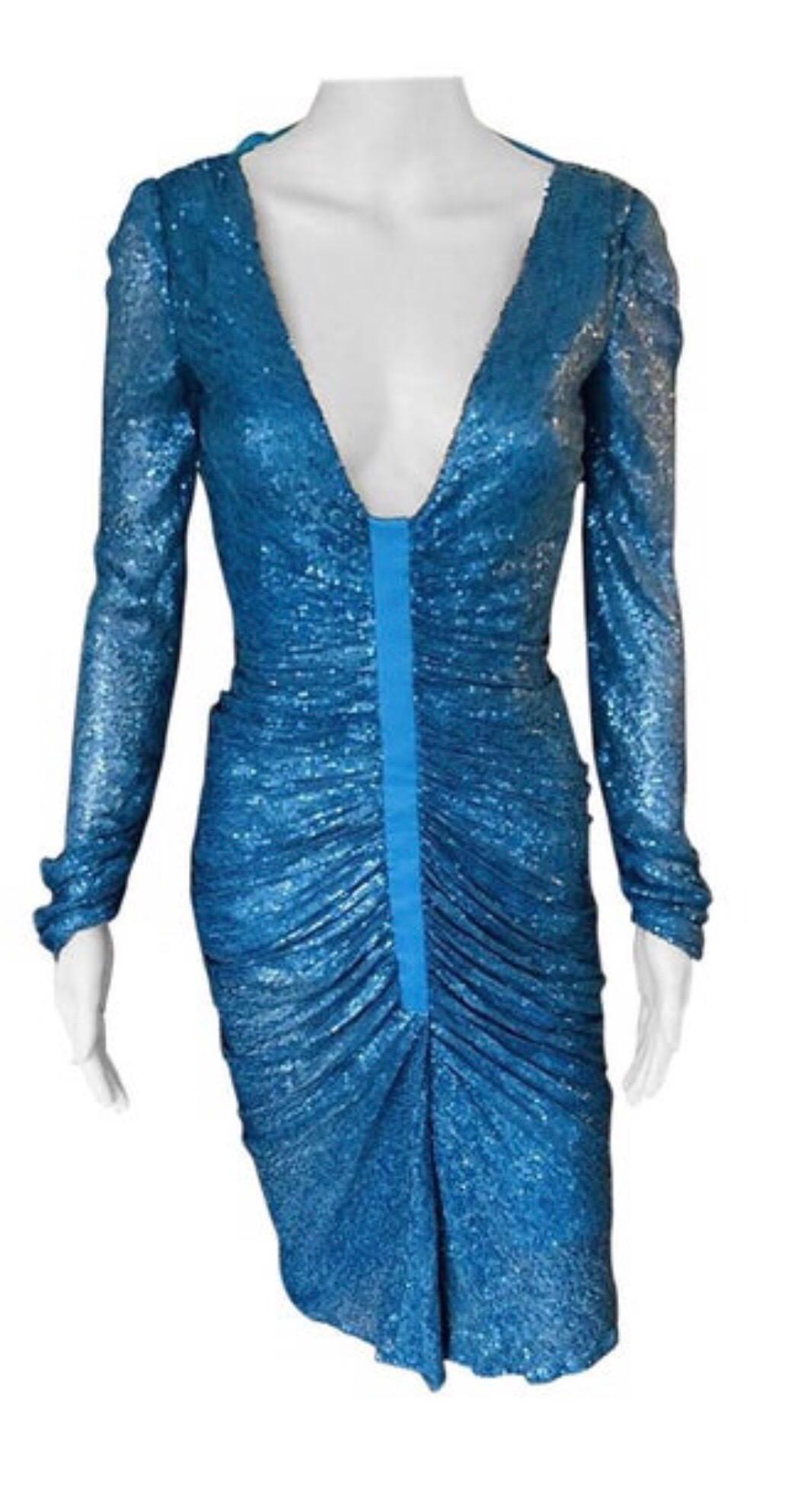 Women's Gianni Versace S/S 2001 Runway Blue Sequin Embellished Cutout Back Dress Gown