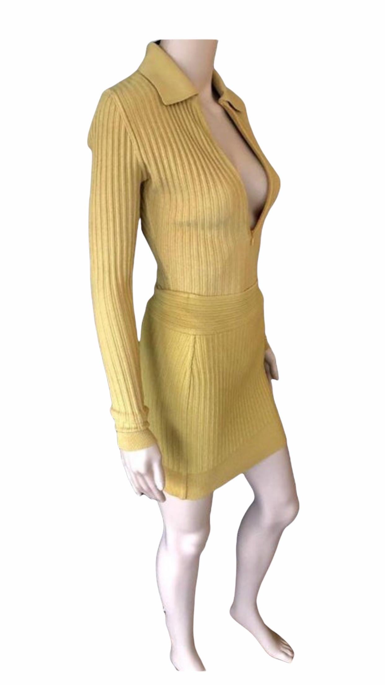 Azzedine Alaia Vintage Yellow Rib Knit Skirt and Bodysuit Top 2 Piece Set In Excellent Condition For Sale In Naples, FL