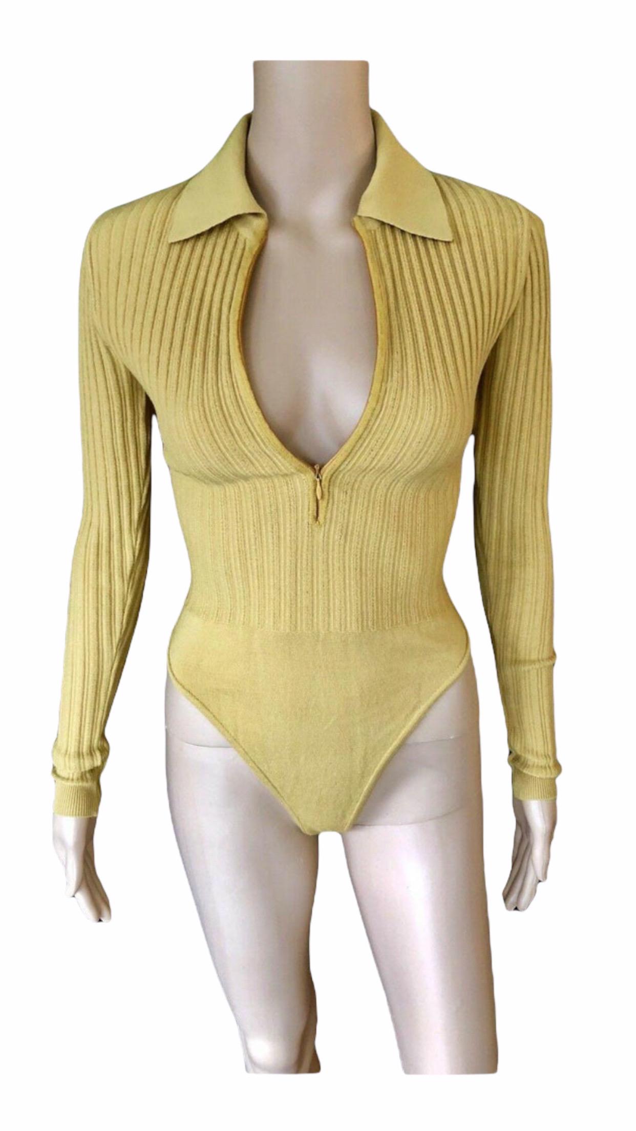 Azzedine Alaia Vintage Yellow Rib Knit Skirt and Bodysuit Top 2 Pieces Set en vente 1