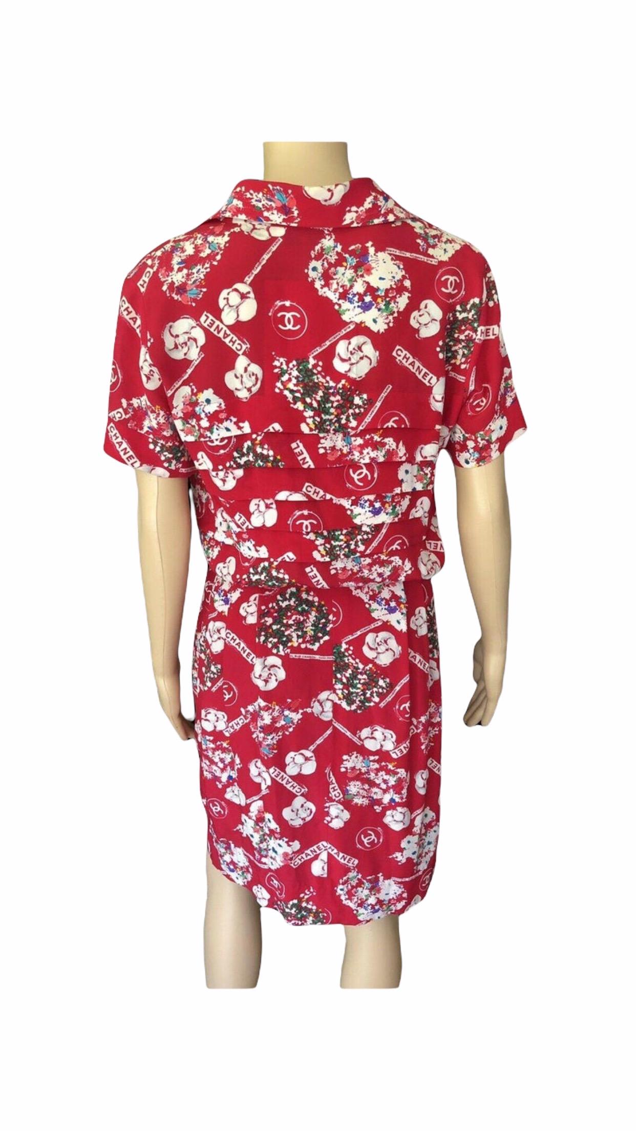 Chanel Vintage Double Breasted Logo Silk Red Dress For Sale 4