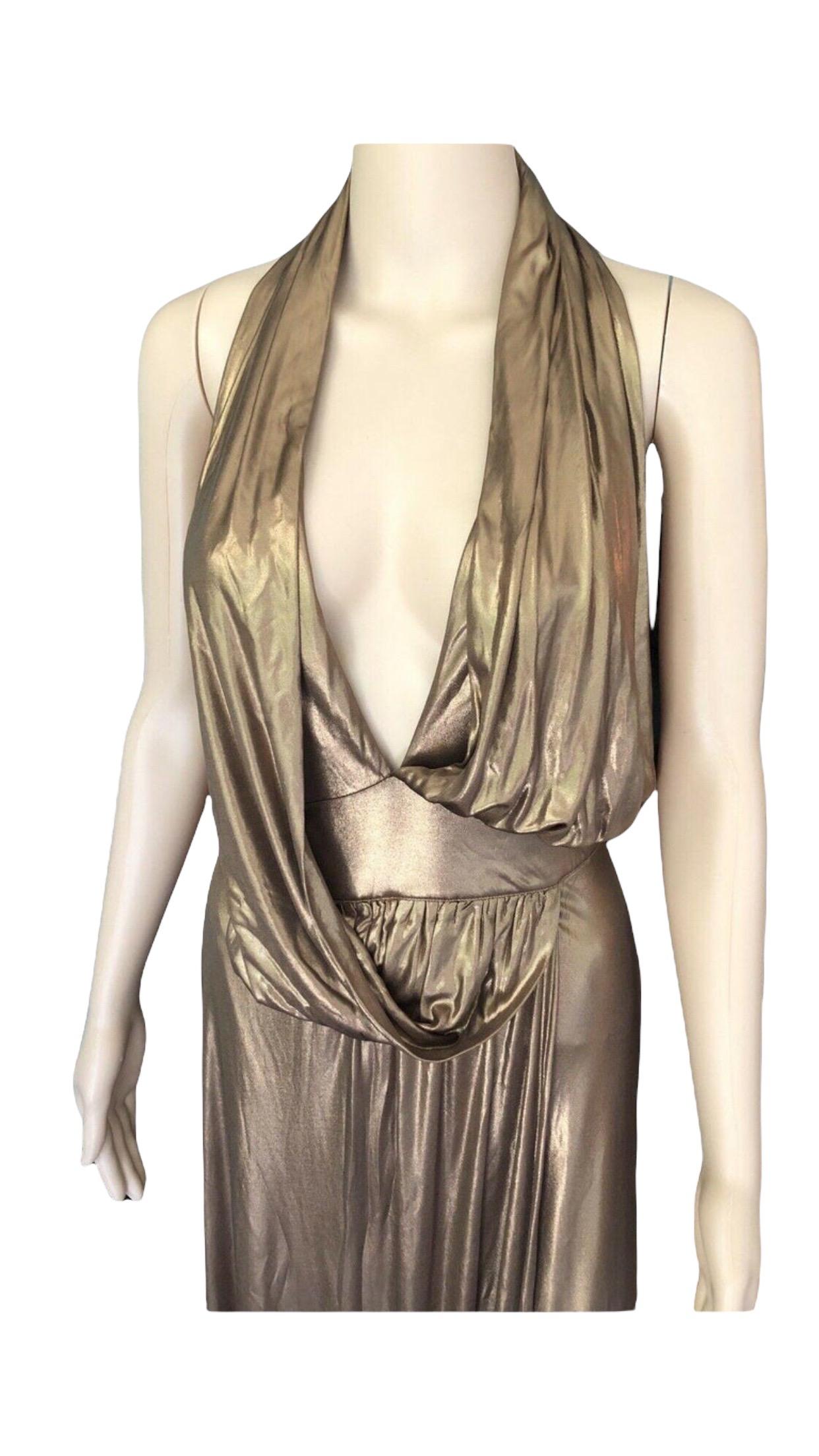 Women's Gucci Runway F/W 2006 Plunging Neckline Backless Gold Metallic Dress Gown