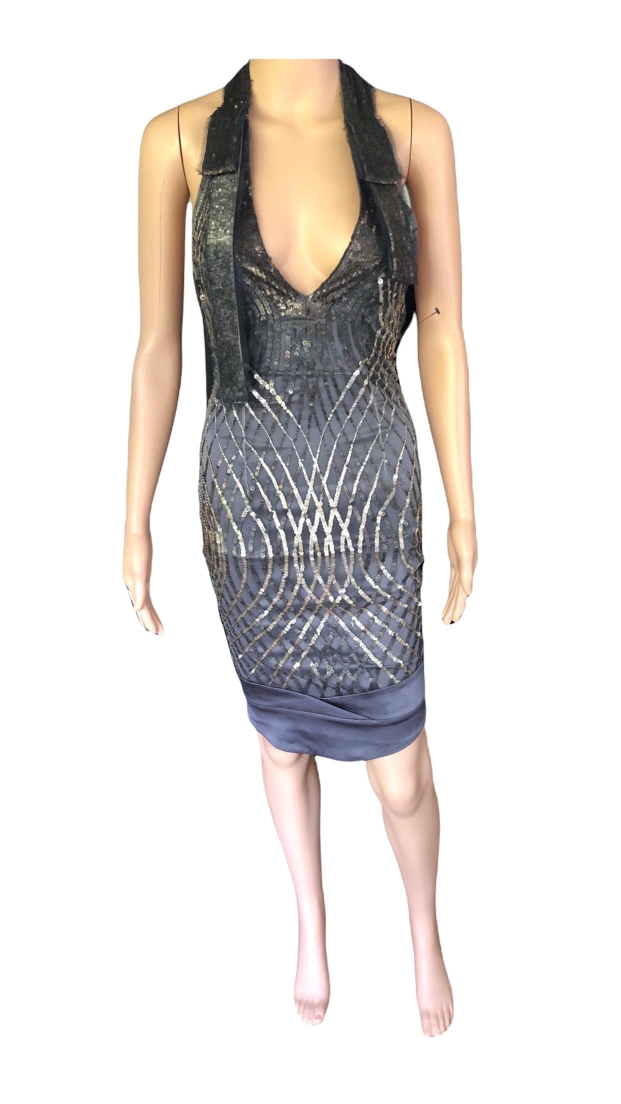 Gucci F/W 2005 Plunged Backless Silk Sequin Embellished Halter Dress For Sale 7