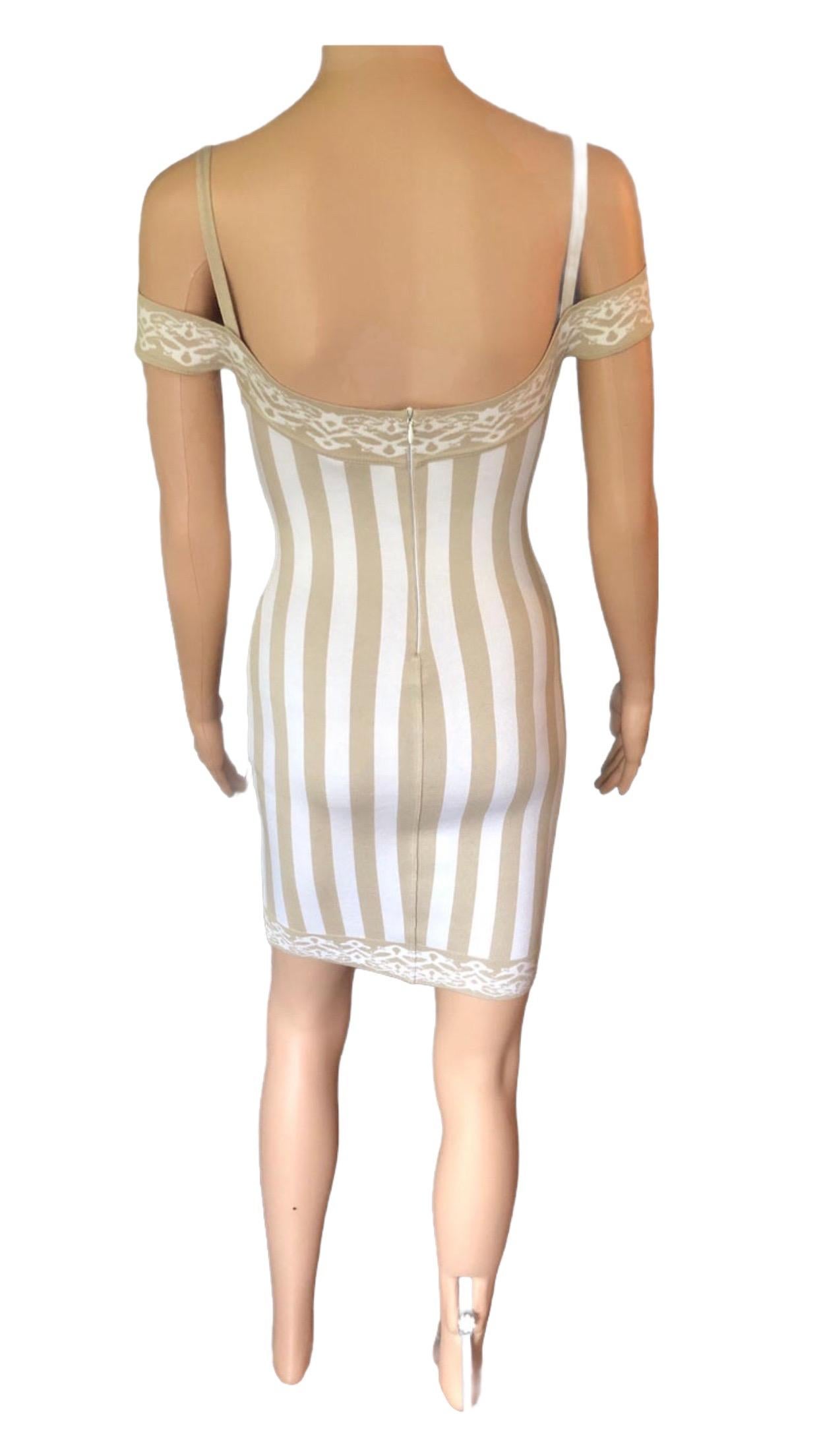 Azzedine Alaia S/S 1992 Vintage Cold-Shoulder Striped Bodycon Mini Dress For Sale 2