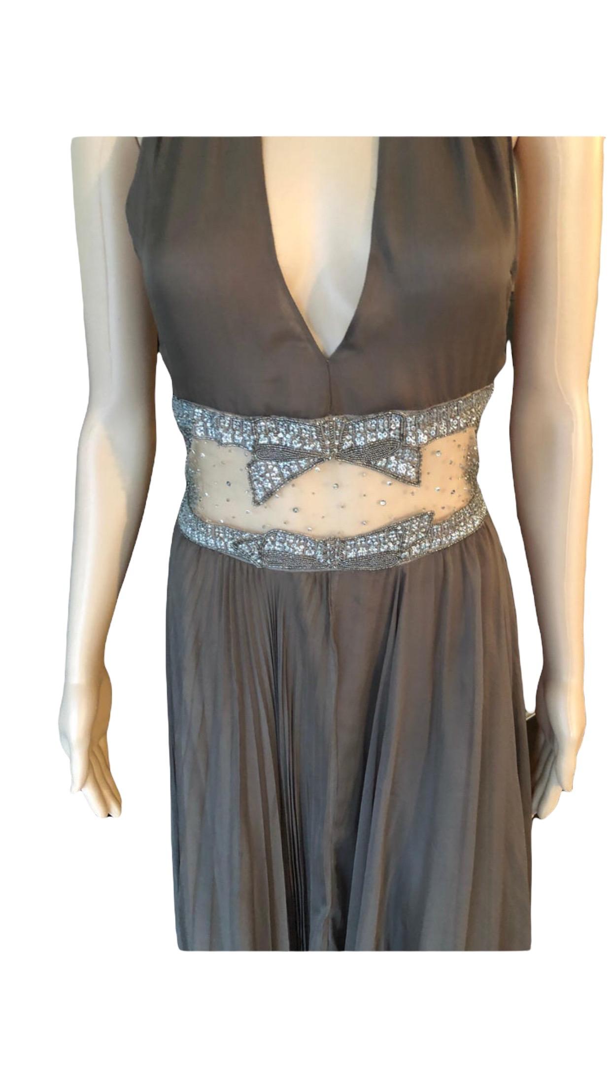 Valentino S/S 2001 Runway Sheer Panel Embellished Brown Dress Gown In Good Condition For Sale In Naples, FL
