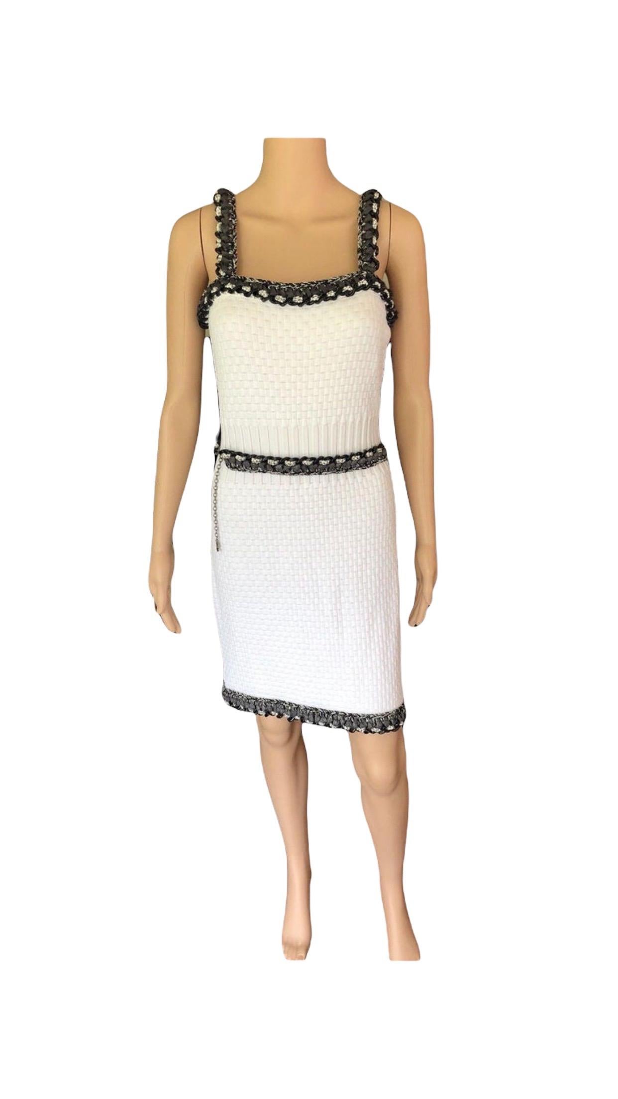 New Chanel S/S 2014 Runway Knit Chain Embellished Trim White Mini Dress In New Condition For Sale In Naples, FL