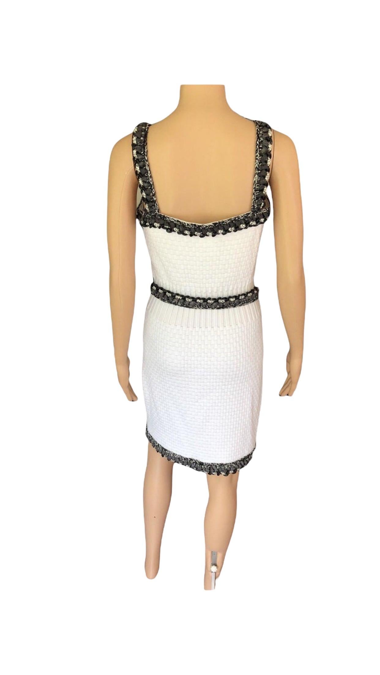 Women's New Chanel S/S 2014 Runway Knit Chain Embellished Trim White Mini Dress For Sale