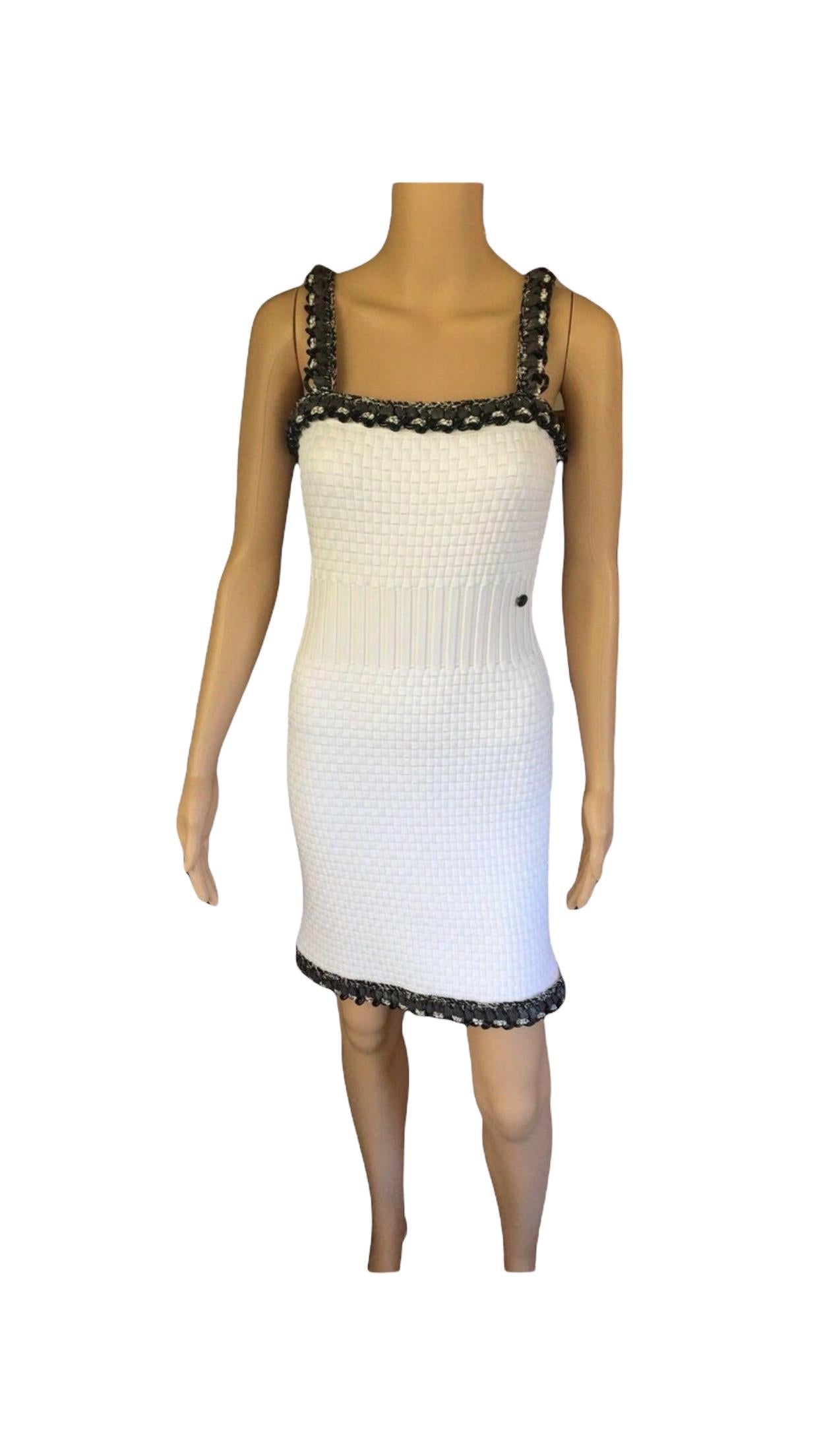 New Chanel S/S 2014 Runway Knit Chain Embellished Trim White Mini Dress For Sale 2