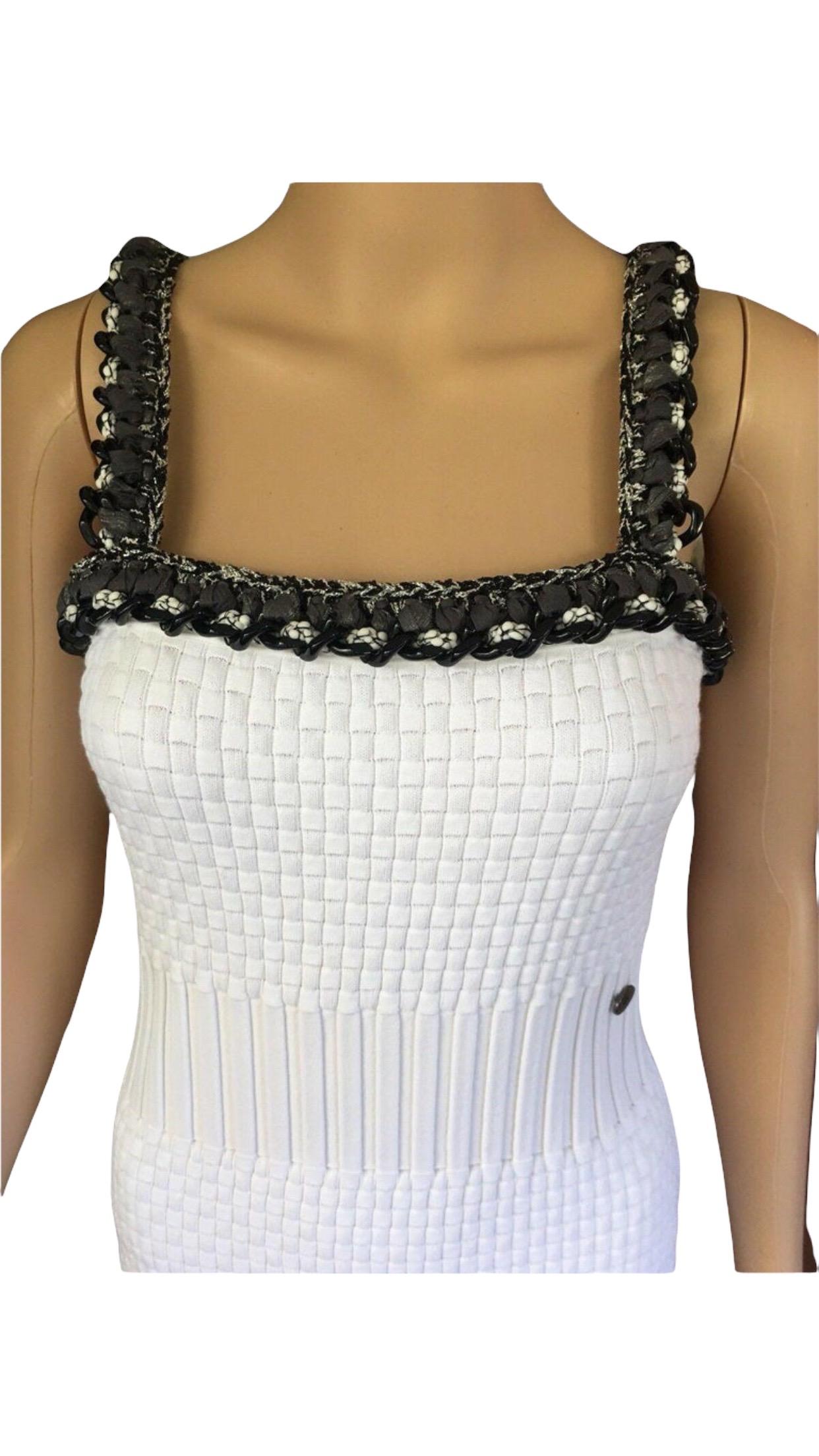 New Chanel S/S 2014 Runway Knit Chain Embellished Trim White Mini Dress For Sale 1