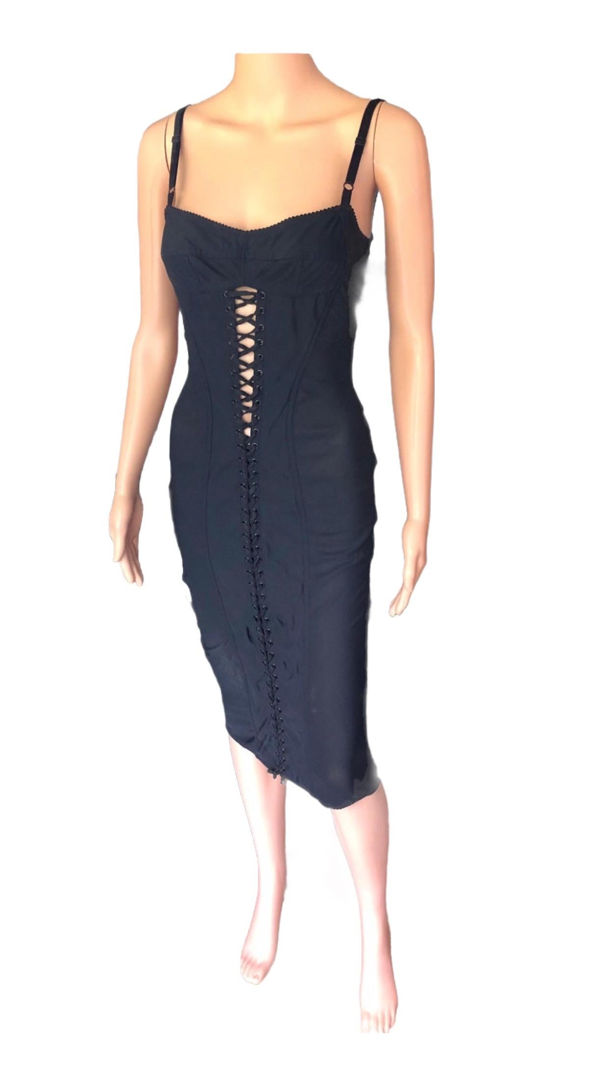 Dolce & Gabbana c.1996 Vintage Corset Lace-Up Bandage Semi Sheer Black Dress For Sale 4