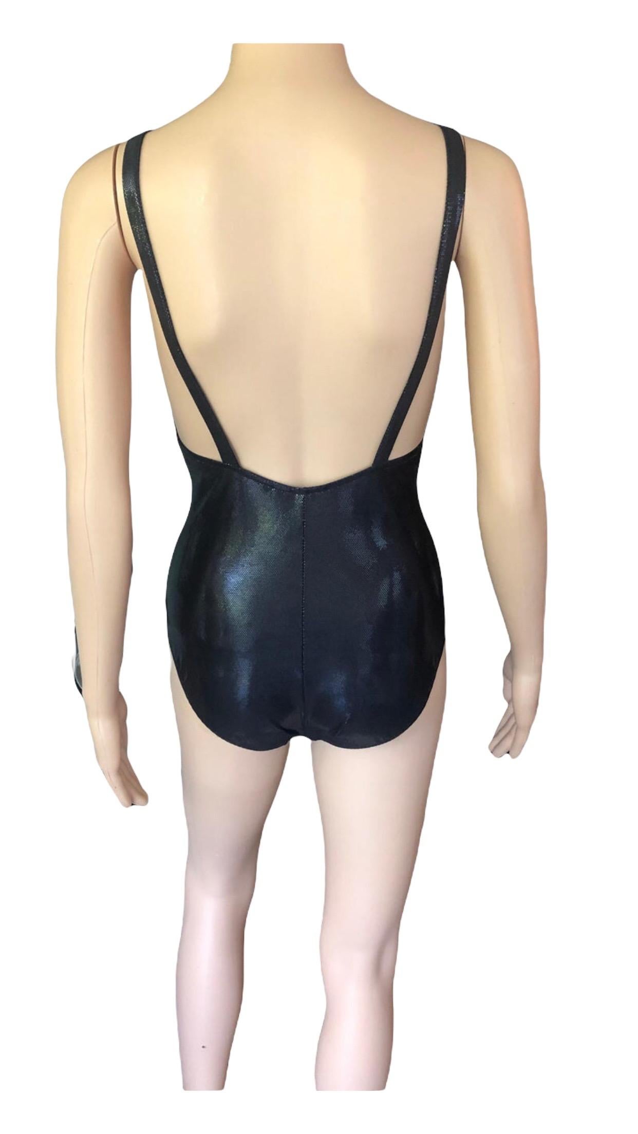 New Yves Saint Laurent YSL Plunging Open Back Metallic Wet Look Black Swimsuit  For Sale 1