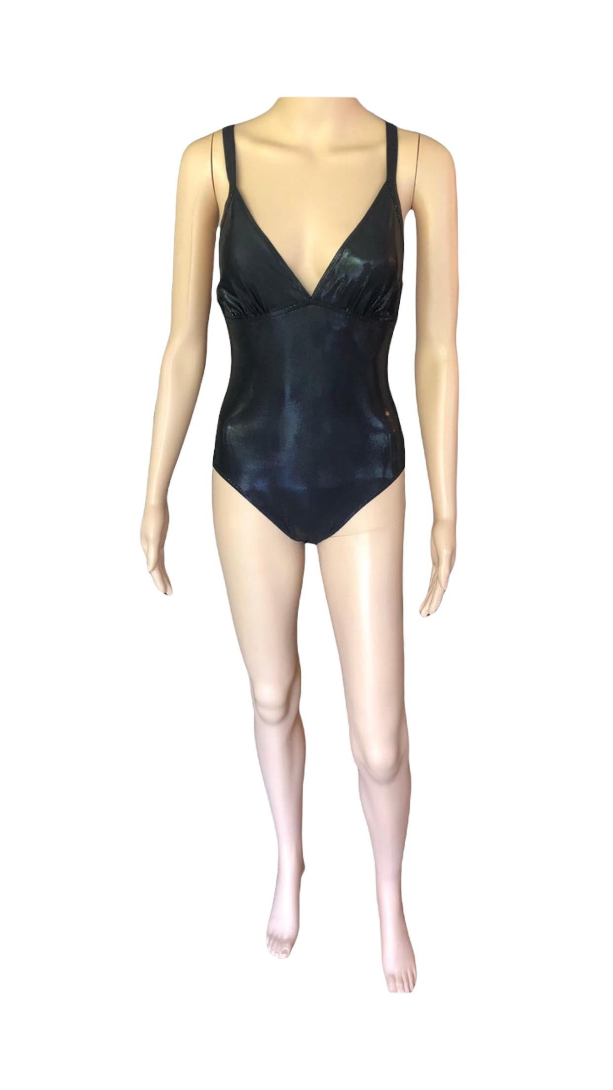 New Yves Saint Laurent YSL Plunging Open Back Metallic Wet Look Black Swimsuit  For Sale 4