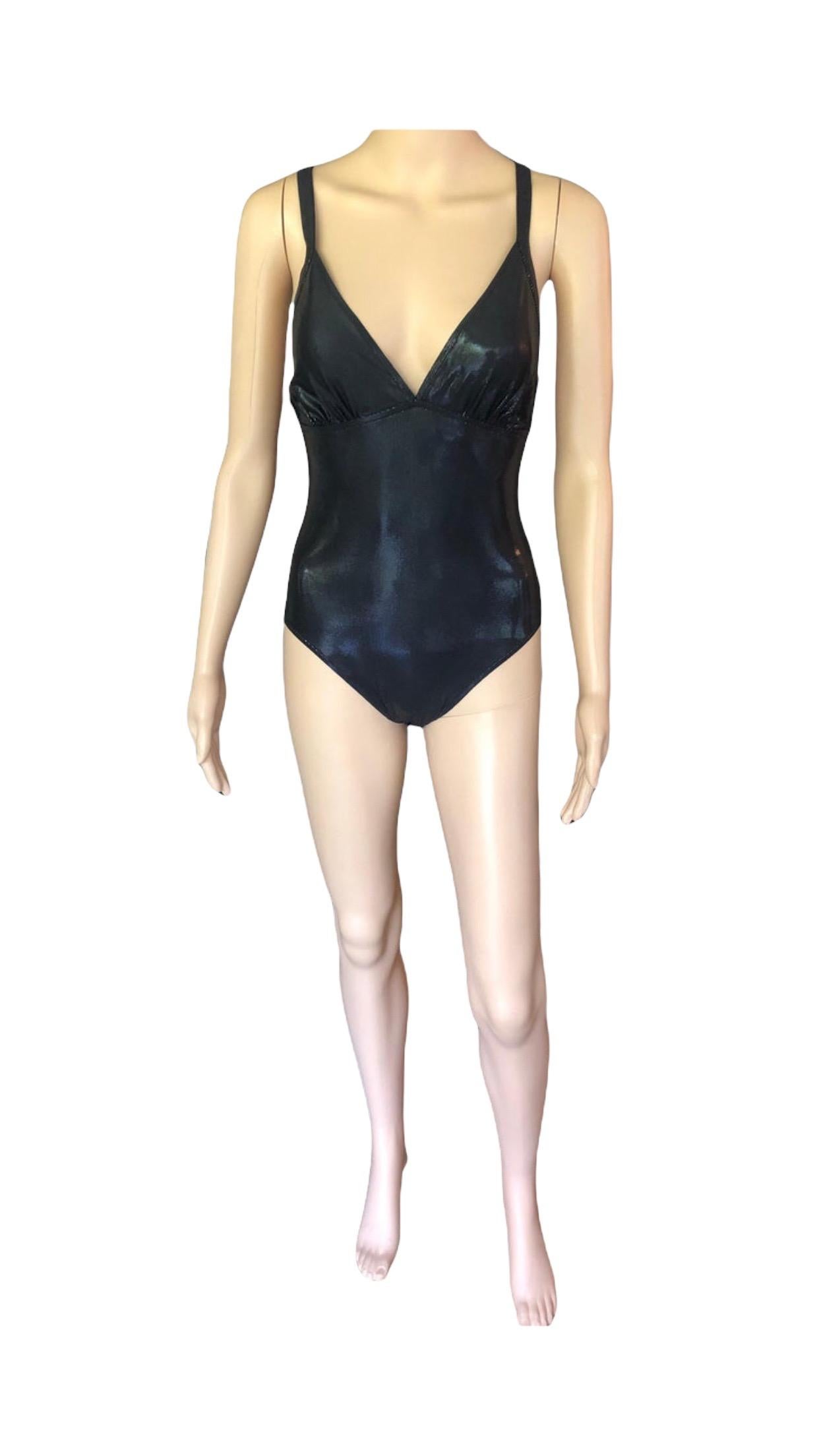 Neu Yves Saint Laurent YSL Plunging Open Back Metallic Wet Look Schwarz Badeanzug  im Angebot 7