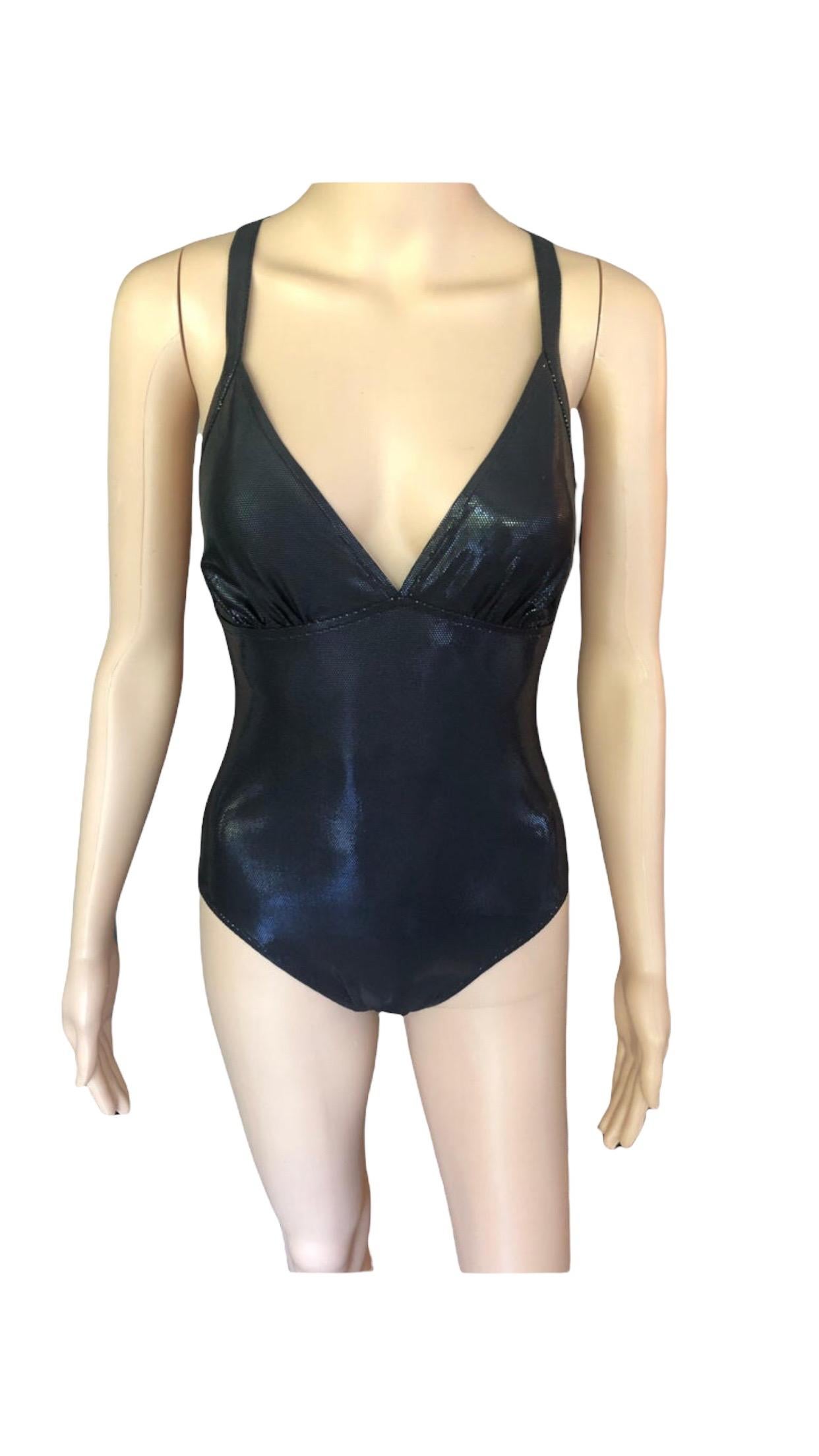 New Yves Saint Laurent YSL Plunging Open Back Metallic Wet Look Black Swimsuit  For Sale 3