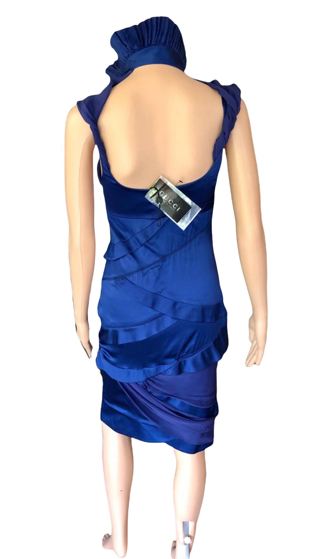 Gucci F/W 2005 Runway Plunging Neckline Cutout Back Silk Blue Dress For Sale 9