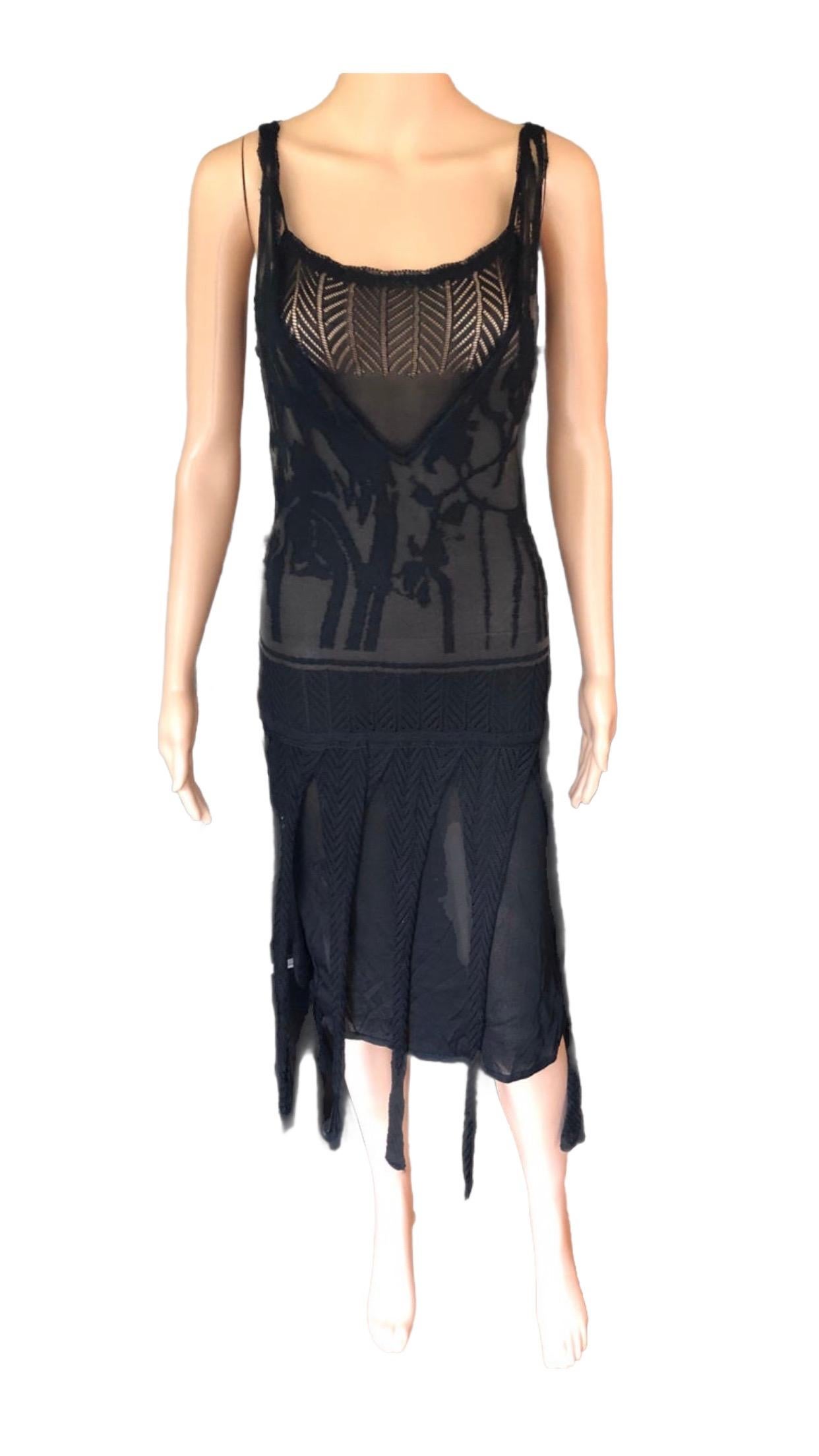 Christian Lacroix Vintage Semi-Sheer Crochet Mesh Knit Fringed Black Dress For Sale 1