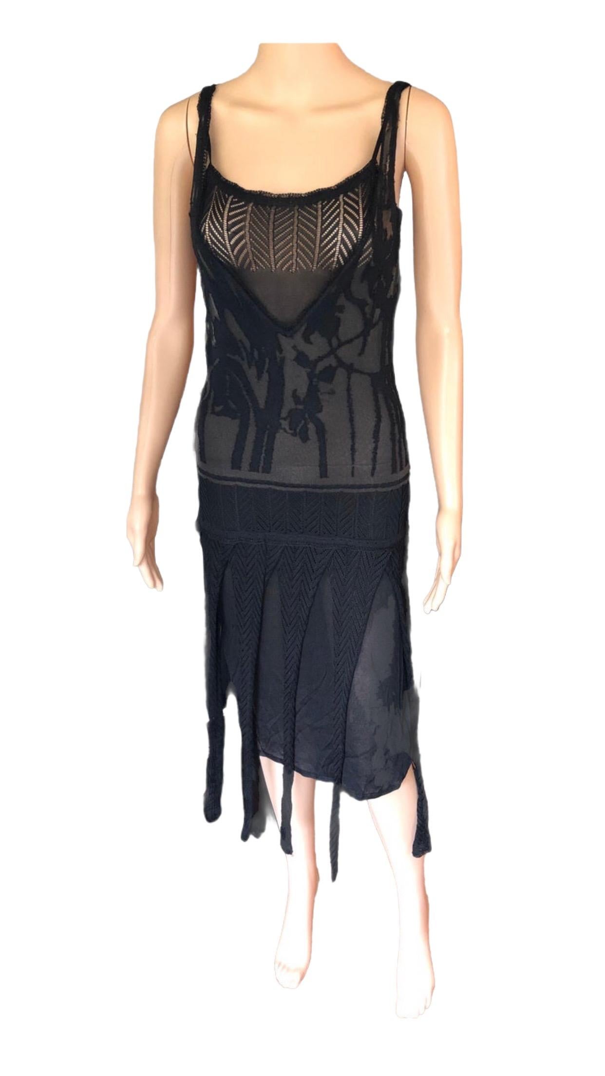 Christian Lacroix Vintage Semi-Sheer Crochet Mesh Knit Fringed Black Dress For Sale 2