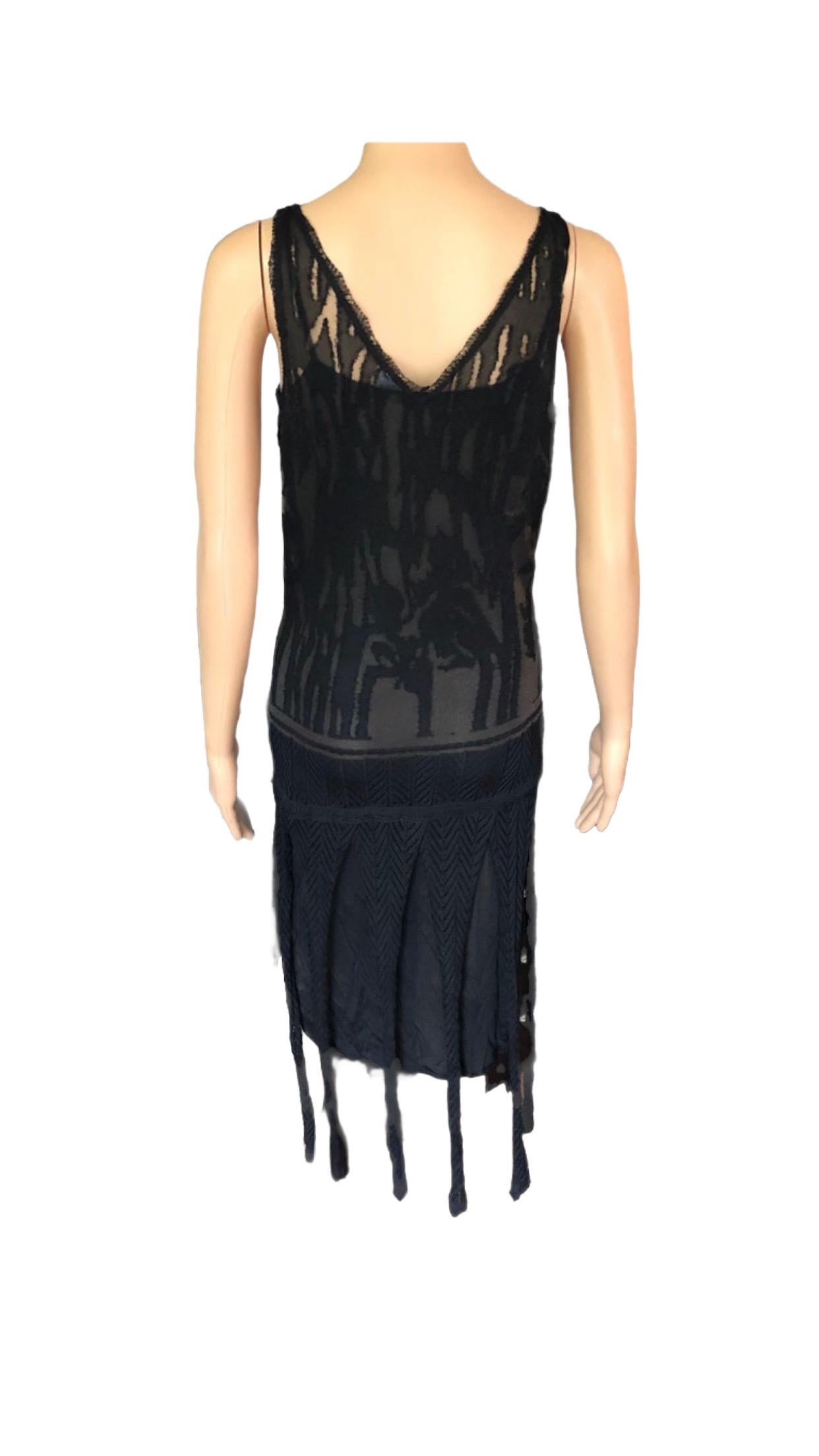 Christian Lacroix Vintage Semi-Sheer Crochet Mesh Knit Fringed Black Dress For Sale 4