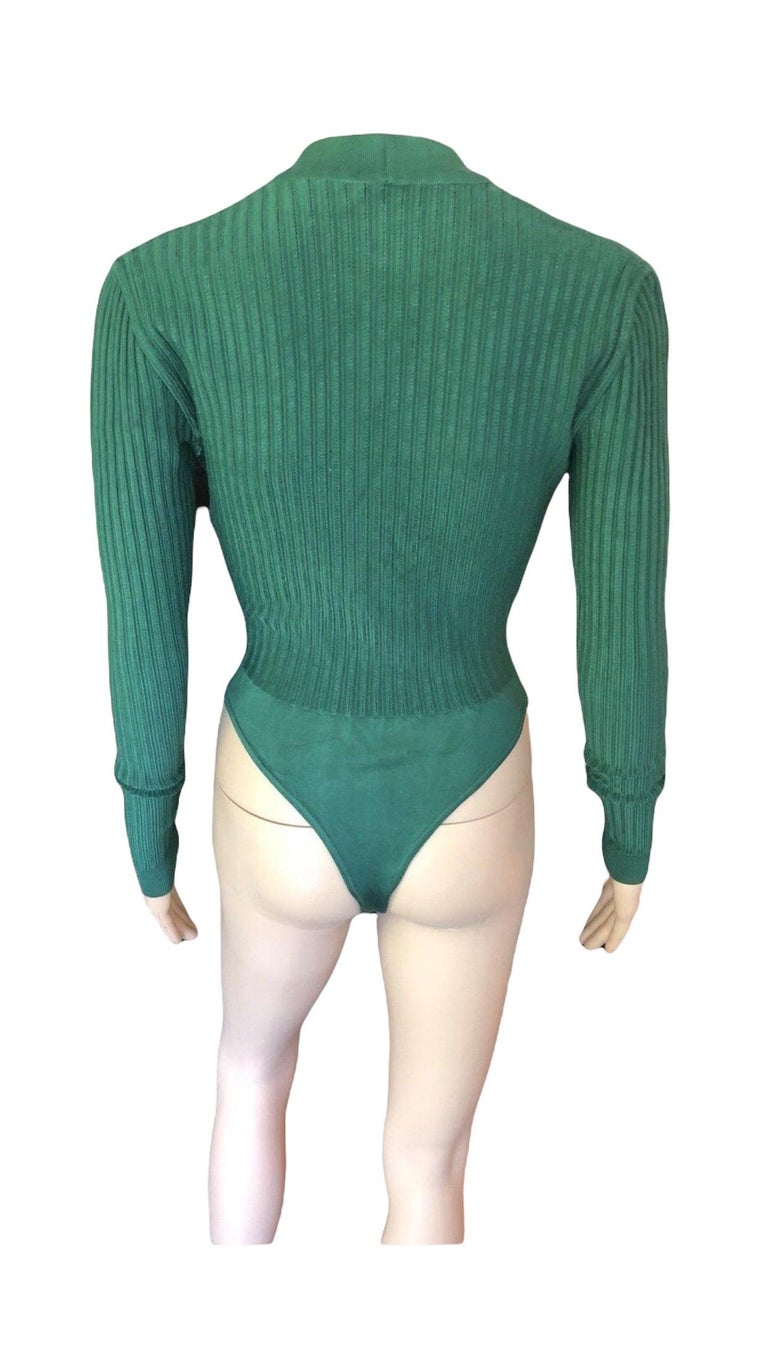 Azzedine Alaia Vintage Plunging Neckline Rib Knit Green Playsuit Bodysuit For Sale 1