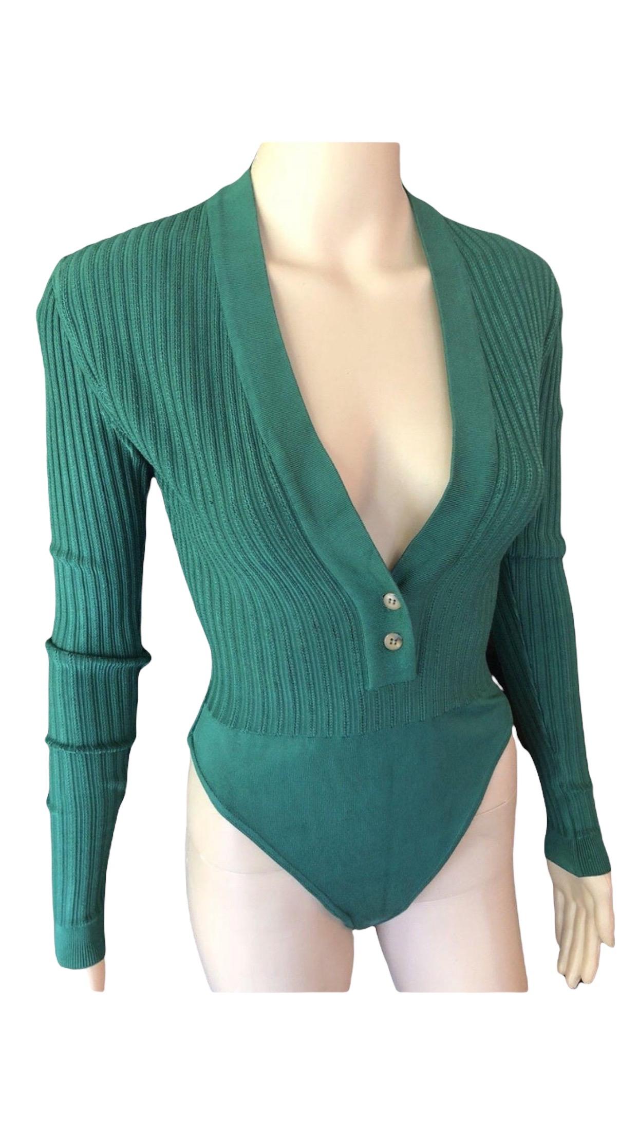 Women's Azzedine Alaia Vintage Plunging Neckline Rib Knit Green Playsuit Bodysuit