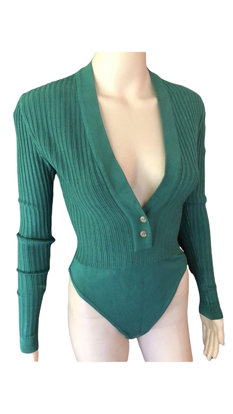 Azzedine Alaia Vintage Plunging Neckline Rib Knit Green Playsuit Bodysuit For Sale 2