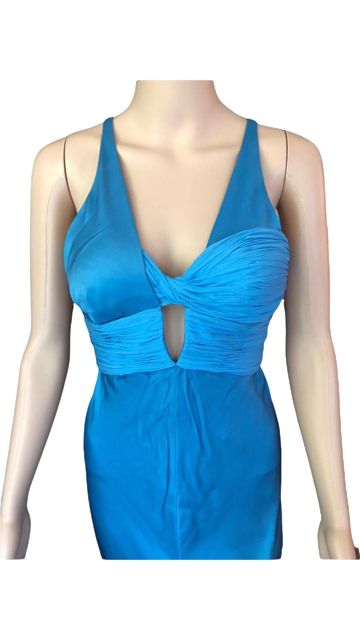 Blaues Laufsteg-Kleid mit offenem Rücken und hohem Schlitz aus Bustier von Versace im Angebot 5