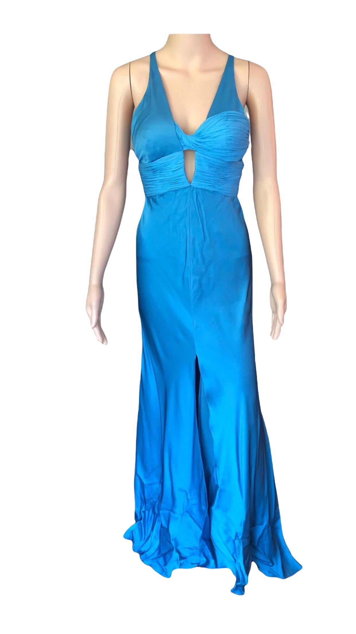 Blaues Laufsteg-Kleid mit offenem Rücken und hohem Schlitz aus Bustier von Versace im Angebot 4